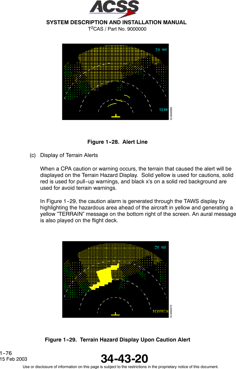 T2CAS / Part No. 9000000SYSTEM DESCRIPTION AND INSTALLATION MANUAL34-43-2015 Feb 2003Use or disclosure of information on this page is subject to the restrictions in the proprietary notice of this document.1--76Figure 1--28. Alert Line(c) Display of Terrain AlertsWhen a CPA caution or warning occurs, the terrain that caused the alert will bedisplayed on the Terrain Hazard Display. Solid yellow is used for cautions, solidred is used for pull--up warnings, and black x’s on a solid red background areused for avoid terrain warnings.In Figure 1--29, the caution alarm is generated through the TAWS display byhighlighting the hazardous area ahead of the aircraft in yellow and generating ayellow ”TERRAIN” message on the bottom right of the screen. An aural messageis also played on the flight deck.Figure 1--29. Terrain Hazard Display Upon Caution Alert