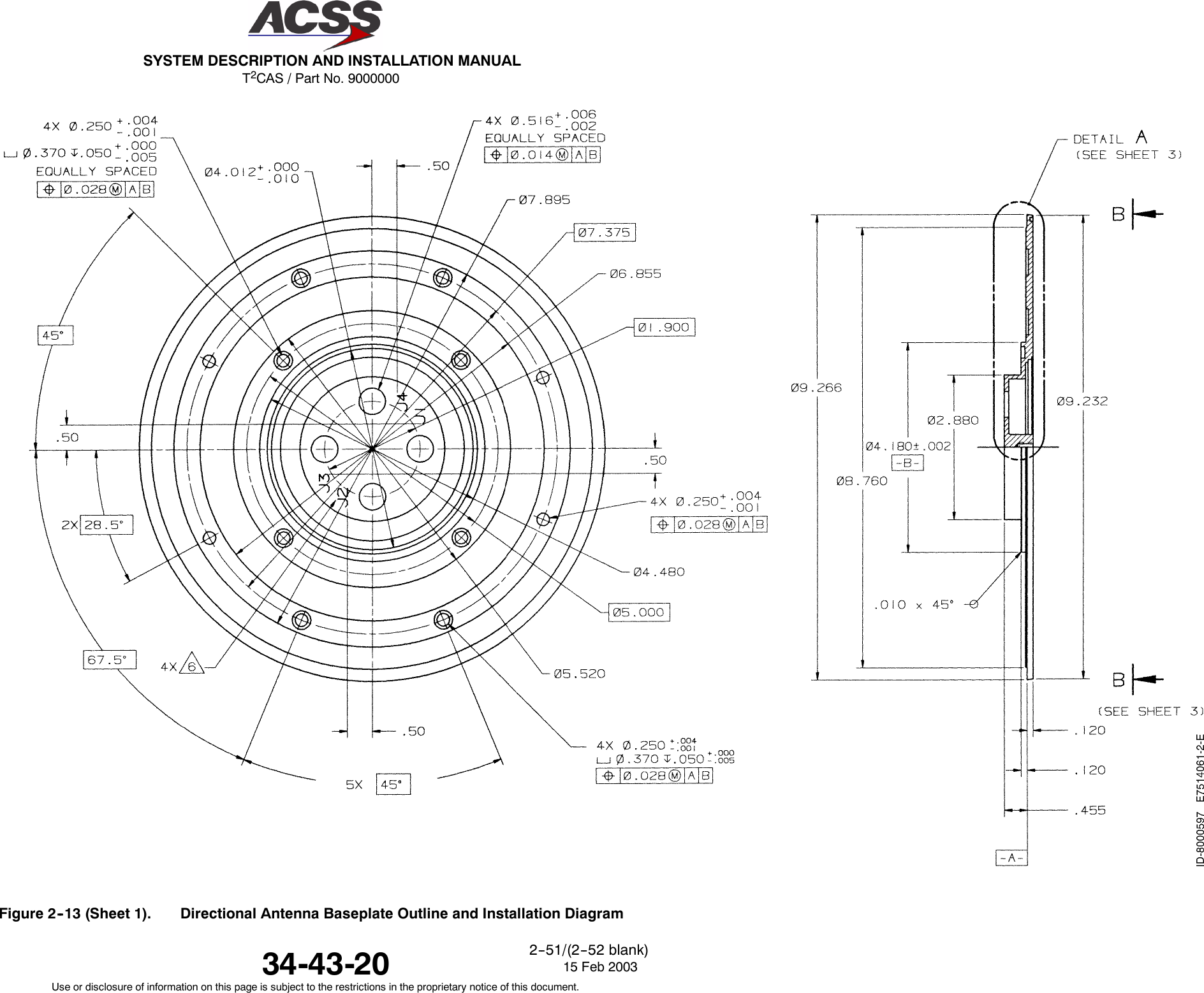 T2CAS / Part No. 9000000SYSTEM DESCRIPTION AND INSTALLATION MANUAL34-43-20 15 Feb 2003Use or disclosure of information on this page is subject to the restrictions in the proprietary notice of this document.2--51/(2--52 blank)Figure 2--13 (Sheet 1). Directional Antenna Baseplate Outline and Installation Diagram