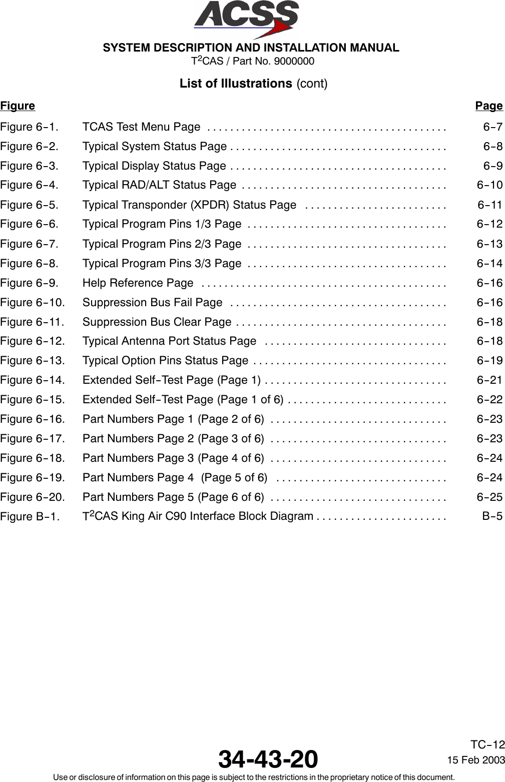 T2CAS / Part No. 9000000SYSTEM DESCRIPTION AND INSTALLATION MANUAL34-43-20 15 Feb 2003Use or disclosure of information on this page is subject to the restrictions in the proprietary notice of this document.TC--12List of Illustrations (cont)Figure PageFigure 6--1. TCAS Test Menu Page 6--7..........................................Figure 6--2. Typical System Status Page 6--8......................................Figure 6--3. Typical Display Status Page 6--9......................................Figure 6--4. Typical RAD/ALT Status Page 6--10....................................Figure 6--5. Typical Transponder (XPDR) Status Page 6--11.........................Figure 6--6. Typical Program Pins 1/3 Page 6--12...................................Figure 6--7. Typical Program Pins 2/3 Page 6--13...................................Figure 6--8. Typical Program Pins 3/3 Page 6--14...................................Figure 6--9. Help Reference Page 6--16...........................................Figure 6--10. Suppression Bus Fail Page 6--16......................................Figure 6--11. Suppression Bus Clear Page 6--18.....................................Figure 6--12. Typical Antenna Port Status Page 6--18................................Figure 6--13. Typical Option Pins Status Page 6--19..................................Figure 6--14. Extended Self--Test Page (Page 1) 6--21................................Figure 6--15. Extended Self--Test Page (Page 1 of 6) 6--22............................Figure 6--16. Part Numbers Page 1 (Page 2 of 6) 6--23...............................Figure 6--17. Part Numbers Page 2 (Page 3 of 6) 6--23...............................Figure 6--18. Part Numbers Page 3 (Page 4 of 6) 6--24...............................Figure 6--19. Part Numbers Page 4 (Page 5 of 6) 6--24..............................Figure 6--20. Part Numbers Page 5 (Page 6 of 6) 6--25...............................Figure B--1. T2CAS King Air C90 Interface Block Diagram B--5.......................