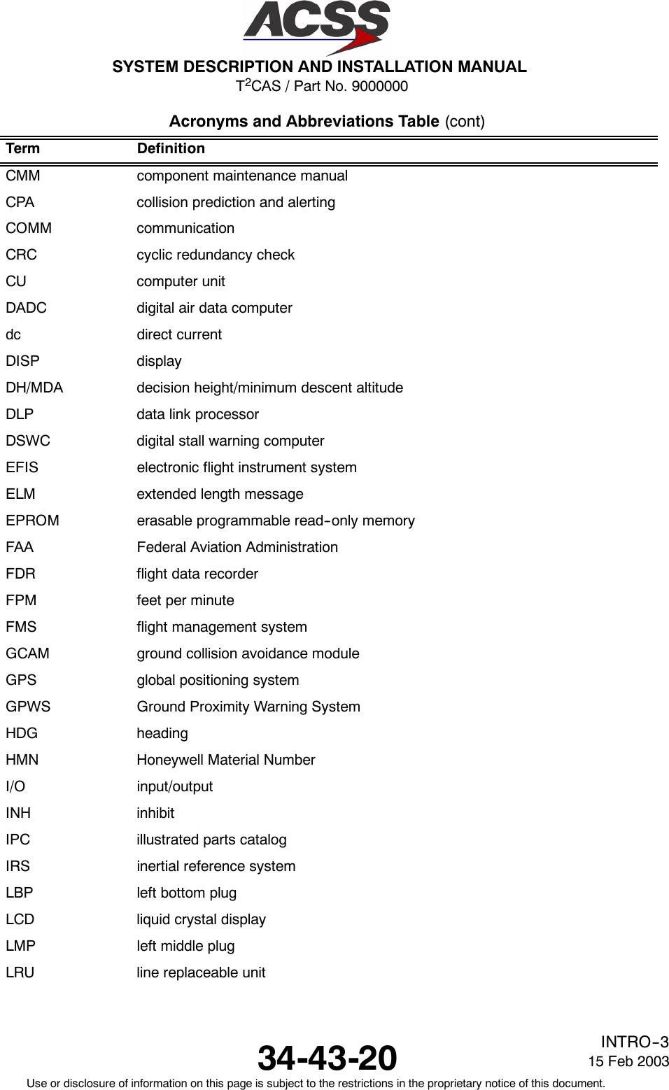 T2CAS / Part No. 9000000SYSTEM DESCRIPTION AND INSTALLATION MANUAL34-43-20 15 Feb 2003Use or disclosure of information on this page is subject to the restrictions in the proprietary notice of this document.INTRO--3Acronyms and Abbreviations Table (cont)Term DefinitionCMM component maintenance manualCPA collision prediction and alertingCOMM communicationCRC cyclic redundancy checkCU computer unitDADC digital air data computerdc direct currentDISP displayDH/MDA decision height/minimum descent altitudeDLP data link processorDSWC digital stall warning computerEFIS electronic flight instrument systemELM extended length messageEPROM erasable programmable read--only memoryFAA Federal Aviation AdministrationFDR flight data recorderFPM feet per minuteFMS flight management systemGCAM ground collision avoidance moduleGPS global positioning systemGPWS Ground Proximity Warning SystemHDG headingHMN Honeywell Material NumberI/O input/outputINH inhibitIPC illustrated parts catalogIRS inertial reference systemLBP left bottom plugLCD liquid crystal displayLMP left middle plugLRU line replaceable unit