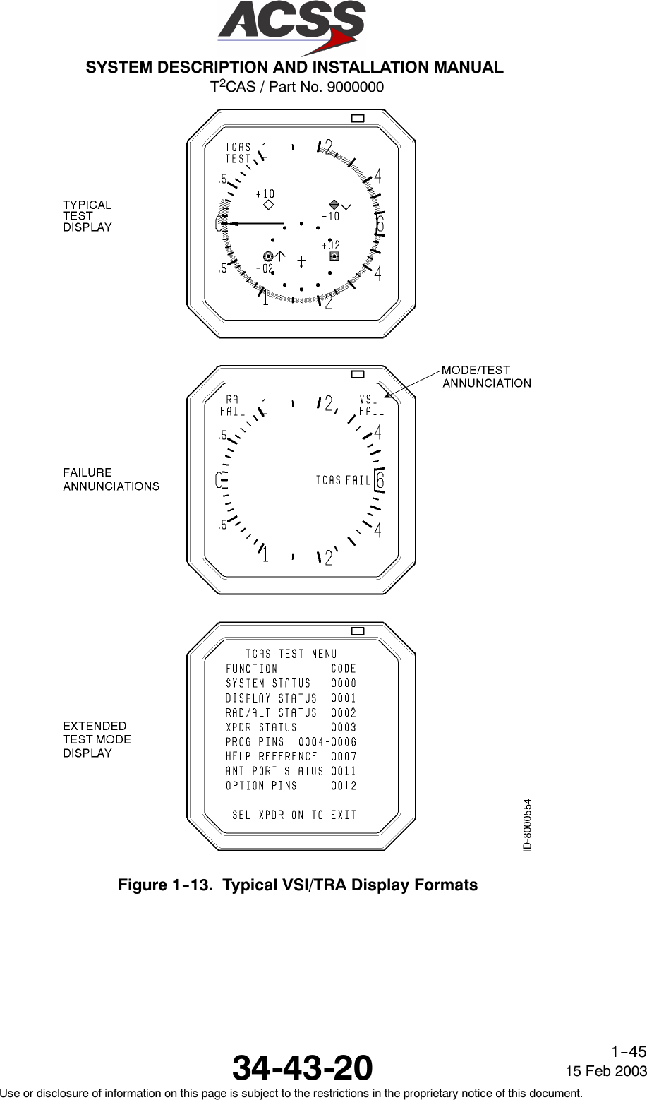 T2CAS / Part No. 9000000SYSTEM DESCRIPTION AND INSTALLATION MANUAL34-43-20 15 Feb 2003Use or disclosure of information on this page is subject to the restrictions in the proprietary notice of this document.1--45Figure 1--13. Typical VSI/TRA Display Formats