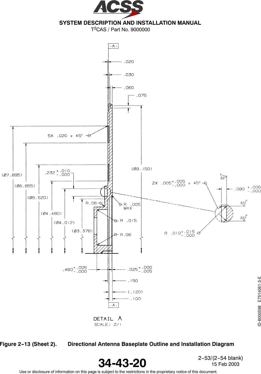 T2CAS / Part No. 9000000SYSTEM DESCRIPTION AND INSTALLATION MANUAL34-43-20 15 Feb 2003Use or disclosure of information on this page is subject to the restrictions in the proprietary notice of this document.2--53/(2--54 blank)Figure 2--13 (Sheet 2). Directional Antenna Baseplate Outline and Installation Diagram