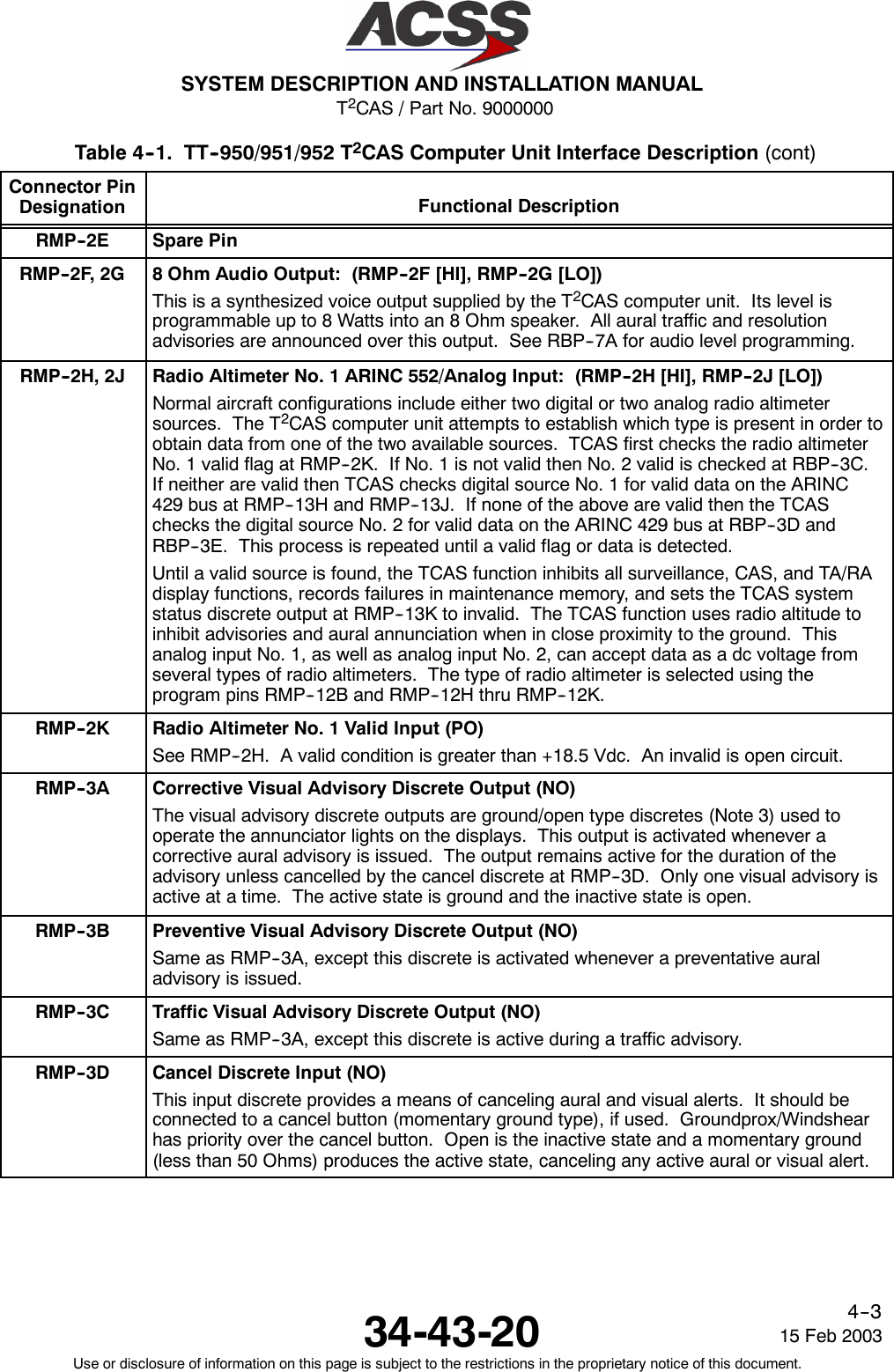 T2CAS / Part No. 9000000SYSTEM DESCRIPTION AND INSTALLATION MANUAL34-43-20 15 Feb 2003Use or disclosure of information on this page is subject to the restrictions in the proprietary notice of this document.4--3Table 4--1. TT--950/951/952 T2CAS Computer Unit Interface Description (cont)Connector PinDesignation Functional DescriptionRMP--2E Spare PinRMP--2F, 2G 8 Ohm Audio Output: (RMP--2F [HI], RMP--2G [LO])This is a synthesized voice output supplied by the T2CAS computer unit. Its level isprogrammable up to 8 Watts into an 8 Ohm speaker. All aural traffic and resolutionadvisories are announced over this output. See RBP--7A for audio level programming.RMP--2H, 2J Radio Altimeter No. 1 ARINC 552/Analog Input: (RMP--2H [HI], RMP--2J [LO])Normal aircraft configurations include either two digital or two analog radio altimetersources. The T2CAS computer unit attempts to establish which type is present in order toobtain data from one of the two available sources. TCAS first checks the radio altimeterNo. 1 valid flag at RMP--2K. If No. 1 is not valid then No. 2 valid is checked at RBP--3C.If neither are valid then TCAS checks digital source No. 1 for valid data on the ARINC429 bus at RMP--13H and RMP--13J. If none of the above are valid then the TCASchecks the digital source No. 2 for valid data on the ARINC 429 bus at RBP--3D andRBP--3E. This process is repeated until a valid flag or data is detected.Until a valid source is found, the TCAS function inhibits all surveillance, CAS, and TA/RAdisplay functions, records failures in maintenance memory, and sets the TCAS systemstatus discrete output at RMP--13K to invalid. The TCAS function uses radio altitude toinhibit advisories and aural annunciation when in close proximity to the ground. Thisanalog input No. 1, as well as analog input No. 2, can accept data as a dc voltage fromseveral types of radio altimeters. The type of radio altimeter is selected using theprogram pins RMP--12B and RMP--12H thru RMP--12K.RMP--2K Radio Altimeter No. 1 Valid Input (PO)See RMP--2H. A valid condition is greater than +18.5 Vdc. An invalid is open circuit.RMP--3A Corrective Visual Advisory Discrete Output (NO)The visual advisory discrete outputs are ground/open type discretes (Note 3) used tooperate the annunciator lights on the displays. This output is activated whenever acorrective aural advisory is issued. The output remains active for the duration of theadvisory unless cancelled by the cancel discrete at RMP--3D. Only one visual advisory isactive at a time. The active state is ground and the inactive state is open.RMP--3B Preventive Visual Advisory Discrete Output (NO)Same as RMP--3A, except this discrete is activated whenever a preventative auraladvisory is issued.RMP--3C Traffic Visual Advisory Discrete Output (NO)Same as RMP--3A, except this discrete is active during a traffic advisory.RMP--3D Cancel Discrete Input (NO)This input discrete provides a means of canceling aural and visual alerts. It should beconnected to a cancel button (momentary ground type), if used. Groundprox/Windshearhas priority over the cancel button. Open is the inactive state and a momentary ground(less than 50 Ohms) produces the active state, canceling any active aural or visual alert.