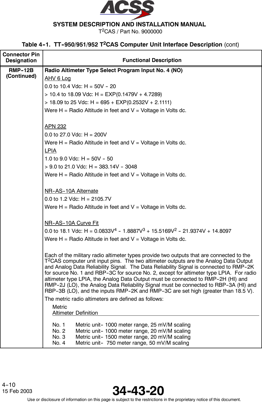 T2CAS / Part No. 9000000SYSTEM DESCRIPTION AND INSTALLATION MANUAL34-43-2015 Feb 2003Use or disclosure of information on this page is subject to the restrictions in the proprietary notice of this document.4--10Table 4--1. TT--950/951/952 T2CAS Computer Unit Interface Description (cont)Connector PinDesignation Functional DescriptionRMP--12B(Continued)Radio Altimeter Type Select Program Input No. 4 (NO)AHV 6 Log0.0 to 10.4 Vdc: H = 50V -- 20&gt; 10.4 to 18.09 Vdc: H = EXP(0.1479V + 4.7289)&gt; 18.09 to 25 Vdc: H = 695 + EXP(0.2532V + 2.1111)Were H = Radio Altitude in feet and V = Voltage in Volts dc.APN 2320.0 to 27.0 Vdc: H = 200VWere H = Radio Altitude in feet and V = Voltage in Volts dc.LPIA1.0 to 9.0 Vdc: H = 50V -- 50&gt; 9.0 to 21.0 Vdc: H = 383.14V -- 3048Were H = Radio Altitude in feet and V = Voltage in Volts dc.N R -- A S -- 1 0 A Alternate0.0 to 1.2 Vdc: H = 2105.7VWere H = Radio Altitude in feet and V = Voltage in Volts dc.N R -- A S -- 1 0 A C u r v e Fit0.0 to 18.1 Vdc: H = 0.0833V4-- 1.8887V3+ 15.5169V2-- 21.9374V + 14.8097Were H = Radio Altitude in feet and V = Voltage in Volts dc.Each of the military radio altimeter types provide two outputs that are connected to theT2CAS computer unit input pins. The two altimeter outputs are the Analog Data Outputand Analog Data Reliability Signal. The Data Reliability Signal is connected to RMP--2Kfor source No. 1 and RBP--3C for source No. 2, except for altimeter type LPIA. For radioaltimeter type LPIA, the Analog Data Output must be connected to RMP--2H (HI) andRMP--2J (LO), the Analog Data Reliability Signal must be connected to RBP--3A (HI) andRBP--3B (LO), and the inputs RMP--2K and RMP--3C are set high (greater than 18.5 V).The metric radio altimeters are defined as follows:MetricAltimeter DefinitionNo. 1 Metric unit-- 1000 meter range, 25 mV/M scalingNo. 2 Metric unit-- 1000 meter range, 20 mV/M scalingNo. 3 Metric unit-- 1500 meter range, 20 mV/M scalingNo. 4 Metric unit-- 750 meter range, 50 mV/M scaling