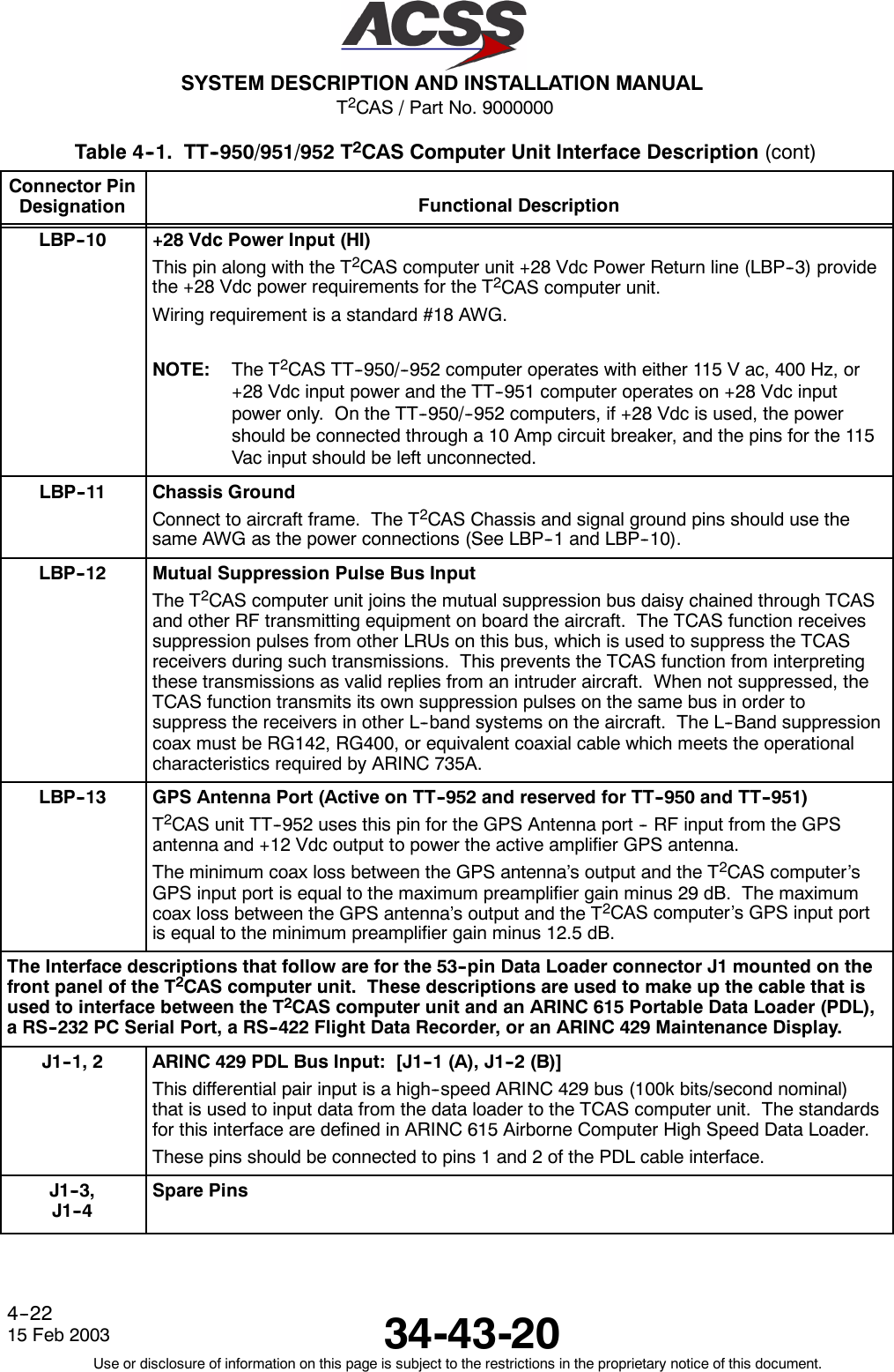 T2CAS / Part No. 9000000SYSTEM DESCRIPTION AND INSTALLATION MANUAL34-43-2015 Feb 2003Use or disclosure of information on this page is subject to the restrictions in the proprietary notice of this document.4--22Table 4--1. TT--950/951/952 T2CAS Computer Unit Interface Description (cont)Connector PinDesignation Functional DescriptionLBP--10 +28 Vdc Power Input (HI)This pin along with the T2CAS computer unit +28 Vdc Power Return line (LBP--3) providethe +28 Vdc power requirements for the T2CAS computer unit.Wiring requirement is a standard #18 AWG.NOTE: The T2CAS TT--950/--952 computer operates with either 115 V ac, 400 Hz, or+28 Vdc input power and the TT--951 computer operates on +28 Vdc inputpower only. On the TT--950/--952 computers, if +28 Vdc is used, the powershould be connected through a 10 Amp circuit breaker, and the pins for the 115Vac input should be left unconnected.LBP--11 Chassis GroundConnect to aircraft frame. The T2CAS Chassis and signal ground pins should use thesame AWG as the power connections (See LBP--1 and LBP--10).LBP--12 Mutual Suppression Pulse Bus InputThe T2CAS computer unit joins the mutual suppression bus daisy chained through TCASand other RF transmitting equipment on board the aircraft. The TCAS function receivessuppression pulses from other LRUs on this bus, which is used to suppress the TCASreceivers during such transmissions. This prevents the TCAS function from interpretingthese transmissions as valid replies from an intruder aircraft. When not suppressed, theTCAS function transmits its own suppression pulses on the same bus in order tosuppress the receivers in other L--band systems on the aircraft. The L--Band suppressioncoax must be RG142, RG400, or equivalent coaxial cable which meets the operationalcharacteristics required by ARINC 735A.LBP--13 GPS Antenna Port (Active on TT--952 and reserved for TT--950 and TT--951)T2CAS unit TT--952 uses this pin for the GPS Antenna port -- RF input from the GPSantenna and +12 Vdc output to power the active amplifier GPS antenna.The minimum coax loss between the GPS antenna’s output and the T2CAS computer’sGPS input port is equal to the maximum preamplifier gain minus 29 dB. The maximumcoax loss between the GPS antenna’s output and the T2CAS computer’s GPS input portis equal to the minimum preamplifier gain minus 12.5 dB.The Interface descriptions that follow are for the 53--pin Data Loader connector J1 mounted on thefront panel of the T2CAS computer unit. These descriptions are used to make up the cable that isused to interface between the T2CAS computer unit and an ARINC 615 Portable Data Loader (PDL),a RS--232 PC Serial Port, a RS--422 Flight Data Recorder, or an ARINC 429 Maintenance Display.J1--1, 2 ARINC 429 PDL Bus Input: [J1--1 (A), J1--2 (B)]This differential pair input is a high--speed ARINC 429 bus (100k bits/second nominal)that is used to input data from the data loader to the TCAS computer unit. The standardsfor this interface are defined in ARINC 615 Airborne Computer High Speed Data Loader.These pins should be connected to pins 1 and 2 of the PDL cable interface.J1--3,J1--4Spare Pins