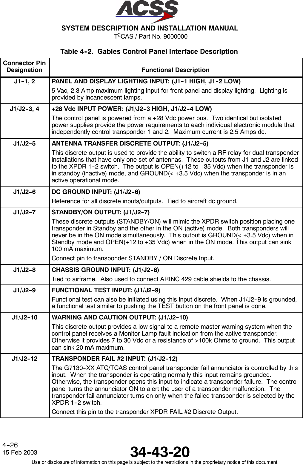 T2CAS / Part No. 9000000SYSTEM DESCRIPTION AND INSTALLATION MANUAL34-43-2015 Feb 2003Use or disclosure of information on this page is subject to the restrictions in the proprietary notice of this document.4--26Table 4--2. Gables Control Panel Interface DescriptionConnector PinDesignation Functional DescriptionJ1--1, 2 PANEL AND DISPLAY LIGHTING INPUT: (J1--1 HIGH, J1--2 LOW)5 Vac, 2.3 Amp maximum lighting input for front panel and display lighting. Lighting isprovided by incandescent lamps.J1/J2--3, 4 +28 Vdc INPUT POWER: (J1/J2--3 HIGH, J1/J2--4 LOW)The control panel is powered from a +28 Vdc power bus. Two identical but isolatedpower supplies provide the power requirements to each individual electronic module thatindependently control transponder 1 and 2. Maximum current is 2.5 Amps dc.J1/J2--5 ANTENNA TRANSFER DISCRETE OUTPUT: (J1/J2--5)This discrete output is used to provide the ability to switch a RF relay for dual transponderinstallations that have only one set of antennas. These outputs from J1 and J2 are linkedto the XPDR 1--2 switch. The output is OPEN(+12 to +35 Vdc) when the transponder isin standby (inactive) mode, and GROUND(&lt; +3.5 Vdc) when the transponder is in anactive operational mode.J1/J2--6 DC GROUND INPUT: (J1/J2--6)Reference for all discrete inputs/outputs. Tied to aircraft dc ground.J1/J2--7 STANDBY/ON OUTPUT: (J1/J2--7)These discrete outputs (STANDBY/ON) will mimic the XPDR switch position placing onetransponder in Standby and the other in the ON (active) mode. Both transponders willnever be in the ON mode simultaneously. This output is GROUND(&lt; +3.5 Vdc) when inStandby mode and OPEN(+12 to +35 Vdc) when in the ON mode. This output can sink100 mA maximum.Connect pin to transponder STANDBY / ON Discrete Input.J1/J2--8 CHASSIS GROUND INPUT: (J1/J2--8)Tied to airframe. Also used to connect ARINC 429 cable shields to the chassis.J1/J2--9 FUNCTIONAL TEST INPUT: (J1/J2--9)Functional test can also be initiated using this input discrete. When J1/J2--9 is grounded,a functional test similar to pushing the TEST button on the front panel is done.J1/J2--10 WARNING AND CAUTION OUTPUT: (J1/J2--10)This discrete output provides a low signal to a remote master warning system when thecontrol panel receives a Monitor Lamp fault indication from the active transponder.Otherwise it provides 7 to 30 Vdc or a resistance of &gt;100k Ohms to ground. This outputcansink20mAmaximum.J1/J2--12 TRANSPONDER FAIL #2 INPUT: (J1/J2--12)The G7130--XX ATC/TCAS control panel transponder fail annunciator is controlled by thisinput. When the transponder is operating normally this input remains grounded.Otherwise, the transponder opens this input to indicate a transponder failure. The controlpanel turns the annunciator ON to alert the user of a transponder malfunction. Thetransponder fail annunciator turns on only when the failed transponder is selected by theXPDR 1--2 switch.Connect this pin to the transponder XPDR FAIL #2 Discrete Output.