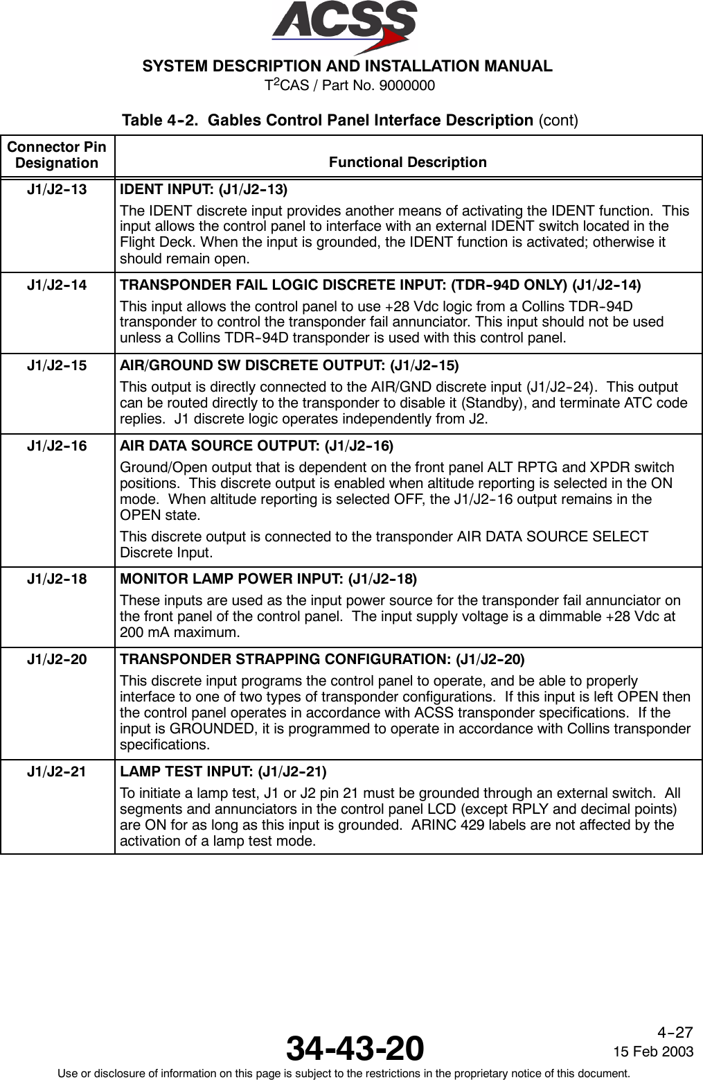 T2CAS / Part No. 9000000SYSTEM DESCRIPTION AND INSTALLATION MANUAL34-43-20 15 Feb 2003Use or disclosure of information on this page is subject to the restrictions in the proprietary notice of this document.4--27Table 4--2. Gables Control Panel Interface Description (cont)Connector PinDesignation Functional DescriptionJ1/J2--13 IDENT INPUT: (J1/J2--13)The IDENT discrete input provides another means of activating the IDENT function. Thisinput allows the control panel to interface with an external IDENT switch located in theFlight Deck. When the input is grounded, the IDENT function is activated; otherwise itshould remain open.J1/J2--14 TRANSPONDER FAIL LOGIC DISCRETE INPUT: (TDR--94D ONLY) (J1/J2--14)This input allows the control panel to use +28 Vdc logic from a Collins TDR--94Dtransponder to control the transponder fail annunciator. This input should not be usedunless a Collins TDR--94D transponder is used with this control panel.J1/J2--15 AIR/GROUND SW DISCRETE OUTPUT: (J1/J2--15)This output is directly connected to the AIR/GND discrete input (J1/J2--24). This outputcan be routed directly to the transponder to disable it (Standby), and terminate ATC codereplies. J1 discrete logic operates independently from J2.J1/J2--16 AIR DATA SOURCE OUTPUT: (J1/J2--16)Ground/Open output that is dependent on the front panel ALT RPTG and XPDR switchpositions. This discrete output is enabled when altitude reporting is selected in the ONmode. When altitude reporting is selected OFF, the J1/J2--16 output remains in theOPEN state.This discrete output is connected to the transponder AIR DATA SOURCE SELECTDiscrete Input.J1/J2--18 MONITOR LAMP POWER INPUT: (J1/J2--18)These inputs are used as the input power source for the transponder fail annunciator onthe front panel of the control panel. The input supply voltage is a dimmable +28 Vdc at200 mA maximum.J1/J2--20 TRANSPONDER STRAPPING CONFIGURATION: (J1/J2--20)This discrete input programs the control panel to operate, and be able to properlyinterface to one of two types of transponder configurations. If this input is left OPEN thenthe control panel operates in accordance with ACSS transponder specifications. If theinput is GROUNDED, it is programmed to operate in accordance with Collins transponderspecifications.J1/J2--21 LAMP TEST INPUT: (J1/J2--21)To initiate a lamp test, J1 or J2 pin 21 must be grounded through an external switch. Allsegments and annunciators in the control panel LCD (except RPLY and decimal points)are ON for as long as this input is grounded. ARINC 429 labels are not affected by theactivation of a lamp test mode.