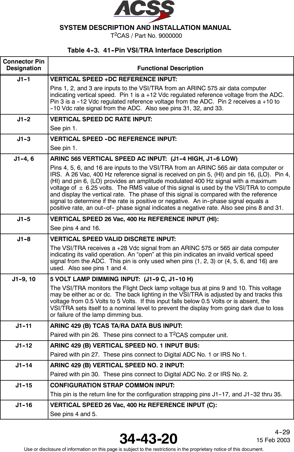 T2CAS / Part No. 9000000SYSTEM DESCRIPTION AND INSTALLATION MANUAL34-43-20 15 Feb 2003Use or disclosure of information on this page is subject to the restrictions in the proprietary notice of this document.4--29Table 4--3. 41--Pin VSI/TRA Interface DescriptionConnector PinDesignation Functional DescriptionJ1--1 VERTICAL SPEED +DC REFERENCE INPUT:Pins 1, 2, and 3 are inputs to the VSI/TRA from an ARINC 575 air data computerindicating vertical speed. Pin 1 is a +12 Vdc regulated reference voltage from the ADC.Pin 3 is a --12 Vdc regulated reference voltage from the ADC. Pin 2 receives a +10 to--10 Vdc rate signal from the ADC. Also see pins 31, 32, and 33.J1--2 VERTICAL SPEED DC RATE INPUT:See pin 1.J1--3 VERTICAL SPEED --DC REFERENCE INPUT:See pin 1.J1--4, 6 ARINC 565 VERTICAL SPEED AC INPUT: (J1--4 HIGH, J1--6 LOW)Pins 4, 5, 6, and 16 are inputs to the VSI/TRA from an ARINC 565 air data computer orIRS. A 26 Vac, 400 Hz reference signal is received on pin 5, (HI) and pin 16, (LO). Pin 4,(HI) and pin 6, (LO) provides an amplitude modulated 400 Hz signal with a maximumvoltage of 6.25 volts. The RMS value of this signal is used by the VSI/TRA to computeand display the vertical rate. The phase of this signal is compared with the referencesignal to determine if the rate is positive or negative. An in--phase signal equals apositive rate, an out--of-- phase signal indicates a negative rate. Also see pins 8 and 31.J1--5 VERTICAL SPEED 26 Vac, 400 Hz REFERENCE INPUT (HI):See pins 4 and 16.J1--8 VERTICAL SPEED VALID DISCRETE INPUT:The VSI/TRA receives a +28 Vdc signal from an ARINC 575 or 565 air data computerindicating its valid operation. An “open” at this pin indicates an invalid vertical speedsignal from the ADC. This pin is only used when pins (1, 2, 3) or (4, 5, 6, and 16) areused. Also see pins 1 and 4.J1--9, 10 5 VOLT LAMP DIMMING INPUT: (J1--9 C, J1--10 H)The VSI/TRA monitors the Flight Deck lamp voltage bus at pins 9 and 10. This voltagemay be either ac or dc. The back lighting in the VSI/TRA is adjusted by and tracks thisvoltage from 0.5 Volts to 5 Volts. If this input falls below 0.5 Volts or is absent, theVSI/TRA sets itself to a nominal level to prevent the display from going dark due to lossor failure of the lamp dimming bus.J1--11 ARINC 429 (B) TCAS TA/RA DATA BUS INPUT:Paired with pin 26. These pins connect to a T2CAS computer unit.J1--12 ARINC 429 (B) VERTICAL SPEED NO. 1 INPUT BUS:Paired with pin 27. These pins connect to Digital ADC No. 1 or IRS No 1.J1--14 ARINC 429 (B) VERTICAL SPEED NO. 2 INPUT:Paired with pin 30. These pins connect to Digital ADC No. 2 or IRS No. 2.J1--15 CONFIGURATION STRAP COMMON INPUT:This pin is the return line for the configuration strapping pins J1--17, and J1--32 thru 35.J1--16 VERTICAL SPEED 26 Vac, 400 Hz REFERENCE INPUT (C):See pins 4 and 5.