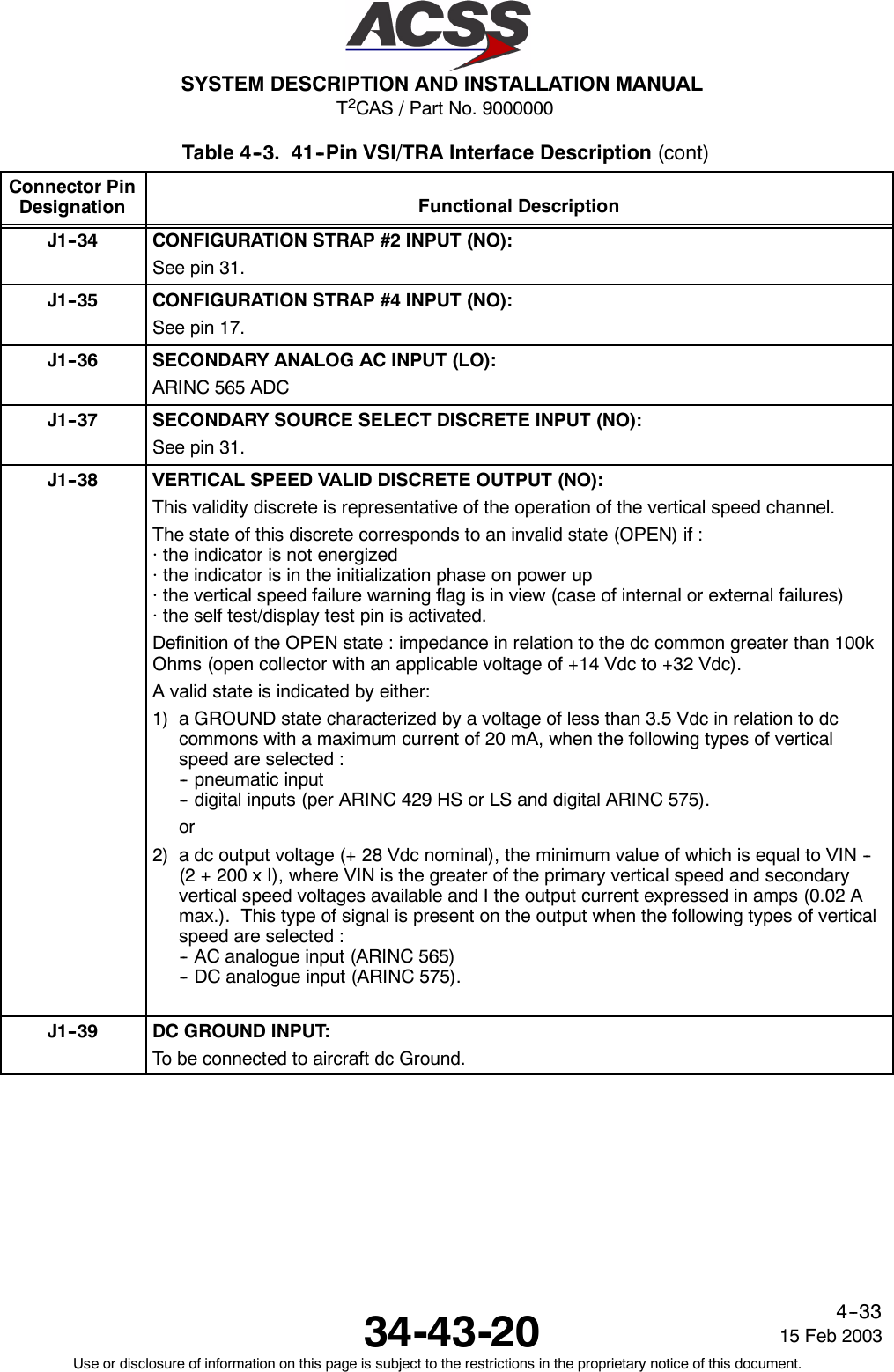 T2CAS / Part No. 9000000SYSTEM DESCRIPTION AND INSTALLATION MANUAL34-43-20 15 Feb 2003Use or disclosure of information on this page is subject to the restrictions in the proprietary notice of this document.4--33Table 4--3. 41--Pin VSI/TRA Interface Description (cont)Connector PinDesignation Functional DescriptionJ1--34 CONFIGURATION STRAP #2 INPUT (NO):See pin 31.J1--35 CONFIGURATION STRAP #4 INPUT (NO):See pin 17.J1--36 SECONDARY ANALOG AC INPUT (LO):ARINC 565 ADCJ1--37 SECONDARY SOURCE SELECT DISCRETE INPUT (NO):See pin 31.J1--38 VERTICAL SPEED VALID DISCRETE OUTPUT (NO):This validity discrete is representative of the operation of the vertical speed channel.The state of this discrete corresponds to an invalid state (OPEN) if :· the indicator is not energized· the indicator is in the initialization phase on power up· the vertical speed failure warning flag is in view (case of internal or external failures)· the self test/display test pin is activated.Definition of the OPEN state : impedance in relation to the dc common greater than 100kOhms (open collector with an applicable voltage of +14 Vdc to +32 Vdc).A valid state is indicated by either:1) a GROUND state characterized by a voltage of less than 3.5 Vdc in relation to dccommons with a maximum current of 20 mA, when the following types of verticalspeed are selected :-- pneumatic input-- digital inputs (per ARINC 429 HS or LS and digital ARINC 575).or2) a dc output voltage (+ 28 Vdc nominal), the minimum value of which is equal to VIN --(2 + 200 x I), where VIN is the greater of the primary vertical speed and secondaryvertical speed voltages available and I the output current expressed in amps (0.02 Amax.). This type of signal is present on the output when the following types of verticalspeed are selected :-- AC analogue input (ARINC 565)-- DC analogue input (ARINC 575).J1--39 DC GROUND INPUT:To be connected to aircraft dc Ground.