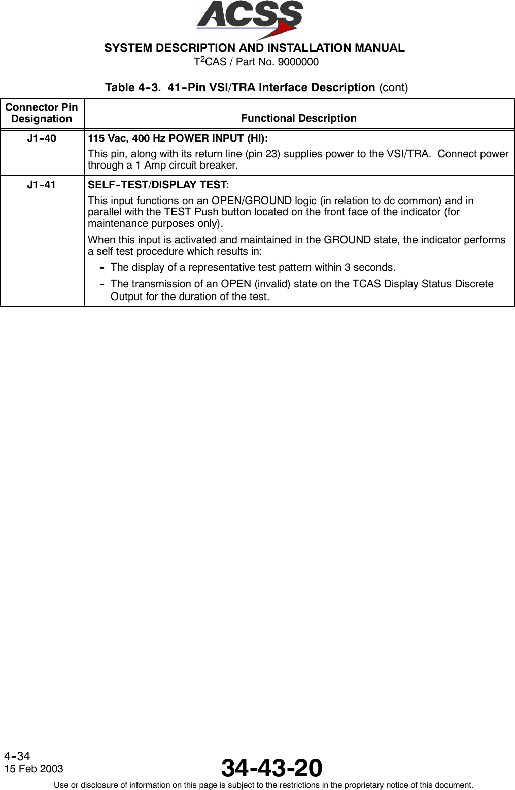 T2CAS / Part No. 9000000SYSTEM DESCRIPTION AND INSTALLATION MANUAL34-43-2015 Feb 2003Use or disclosure of information on this page is subject to the restrictions in the proprietary notice of this document.4--34Table 4--3. 41--Pin VSI/TRA Interface Description (cont)Connector PinDesignation Functional DescriptionJ1--40 115 Vac, 400 Hz POWER INPUT (HI):This pin, along with its return line (pin 23) supplies power to the VSI/TRA. Connect powerthrougha1Ampcircuitbreaker.J1--41 SELF--TEST/DISPLAY TEST:This input functions on an OPEN/GROUND logic (in relation to dc common) and inparallel with the TEST Push button located on the front face of the indicator (formaintenance purposes only).When this input is activated and maintained in the GROUND state, the indicator performsa self test procedure which results in:-- The display of a representative test pattern within 3 seconds.-- The transmission of an OPEN (invalid) state on the TCAS Display Status DiscreteOutput for the duration of the test.