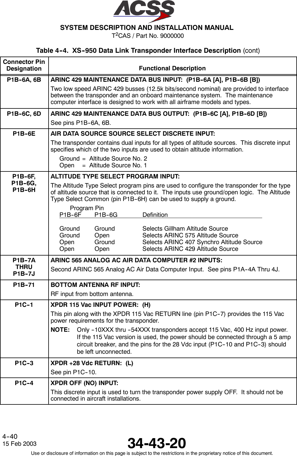 T2CAS / Part No. 9000000SYSTEM DESCRIPTION AND INSTALLATION MANUAL34-43-2015 Feb 2003Use or disclosure of information on this page is subject to the restrictions in the proprietary notice of this document.4--40Table 4--4. XS--950 Data Link Transponder Interface Description (cont)Connector PinDesignation Functional DescriptionP1B--6A, 6B ARINC 429 MAINTENANCE DATA BUS INPUT: (P1B--6A [A], P1B--6B [B])Two low speed ARINC 429 busses (12.5k bits/second nominal) are provided to interfacebetween the transponder and an onboard maintenance system. The maintenancecomputer interface is designed to work with all airframe models and types.P1B--6C, 6D ARINC 429 MAINTENANCE DATA BUS OUTPUT: (P1B--6C [A], P1B--6D [B])See pins P1B--6A, 6B.P1B--6E AIR DATA SOURCE SOURCE SELECT DISCRETE INPUT:The transponder contains dual inputs for all types of altitude sources. This discrete inputspecifies which of the two inputs are used to obtain altitude information.Ground = Altitude Source No. 2Open = Altitude Source No. 1P1B--6F,P1B--6G,P1B--6HALTITUDE TYPE SELECT PROGRAM INPUT:The Altitude Type Select program pins are used to configure the transponder for the typeof altitude source that is connected to it. The inputs use ground/open logic. The AltitudeType Select Common (pin P1B--6H) can be used to supply a ground.Program PinP1B--6F P1B--6G DefinitionGround Ground Selects Gillham Altitude SourceGround Open Selects ARINC 575 Altitude SourceOpen Ground Selects ARINC 407 Synchro Altitude SourceOpen Open Selects ARINC 429 Altitude SourceP1B--7ATHRUP1B--7JARINC 565 ANALOG AC AIR DATA COMPUTER #2 INPUTS:Second ARINC 565 Analog AC Air Data Computer Input. See pins P1A--4A Thru 4J.P1B--71 BOTTOM ANTENNA RF INPUT:RF input from bottom antenna.P1C--1 XPDR 115 Vac INPUT POWER: (H)This pin along with the XPDR 115 Vac RETURN line (pin P1C--7) provides the 115 Vacpower requirements for the transponder.NOTE: Only --10XXX thru --54XXX transponders accept 115 Vac, 400 Hz input power.If the 115 Vac version is used, the power should be connected througha5ampcircuit breaker, and the pins for the 28 Vdc input (P1C--10 and P1C--3) shouldbe left unconnected.P1C--3 XPDR +28 Vdc RETURN: (L)See pin P1C--10.P1C--4 XPDR OFF (NO) INPUT:This discrete input is used to turn the transponder power supply OFF. It should not beconnected in aircraft installations.