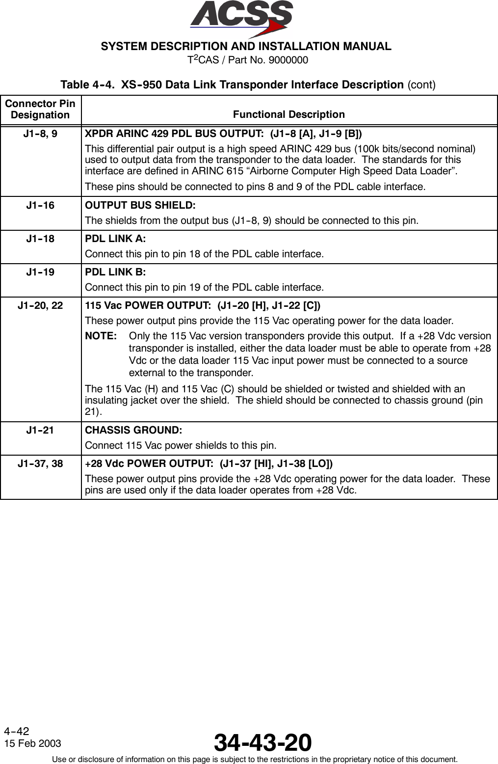 T2CAS / Part No. 9000000SYSTEM DESCRIPTION AND INSTALLATION MANUAL34-43-2015 Feb 2003Use or disclosure of information on this page is subject to the restrictions in the proprietary notice of this document.4--42Table 4--4. XS--950 Data Link Transponder Interface Description (cont)Connector PinDesignation Functional DescriptionJ1--8, 9 XPDR ARINC 429 PDL BUS OUTPUT: (J1--8 [A], J1--9 [B])This differential pair output is a high speed ARINC 429 bus (100k bits/second nominal)used to output data from the transponder to the data loader. The standards for thisinterface are defined in ARINC 615 “Airborne Computer High Speed Data Loader”.These pins should be connected to pins 8 and 9 of the PDL cable interface.J1--16 OUTPUT BUS SHIELD:The shields from the output bus (J1--8, 9) should be connected to this pin.J1--18 PDL LINK A:Connect this pin to pin 18 of the PDL cable interface.J1--19 PDL LINK B:Connect this pin to pin 19 of the PDL cable interface.J1--20, 22 115VacPOWEROUTPUT: (J1--20[H],J1--22[C])These power output pins provide the 115 Vac operating power for the data loader.NOTE: Only the 115 Vac version transponders provide this output. If a +28 Vdc versiontransponder is installed, either the data loader must be able to operate from +28Vdc or the data loader 115 Vac input power must be connected to a sourceexternal to the transponder.The 115 Vac (H) and 115 Vac (C) should be shielded or twisted and shielded with aninsulating jacket over the shield. The shield should be connected to chassis ground (pin21).J1--21 CHASSIS GROUND:Connect 115 Vac power shields to this pin.J1--37, 38 +28 Vdc POWER OUTPUT: (J1--37 [HI], J1--38 [LO])These power output pins provide the +28 Vdc operating power for the data loader. Thesepins are used only if the data loader operates from +28 Vdc.