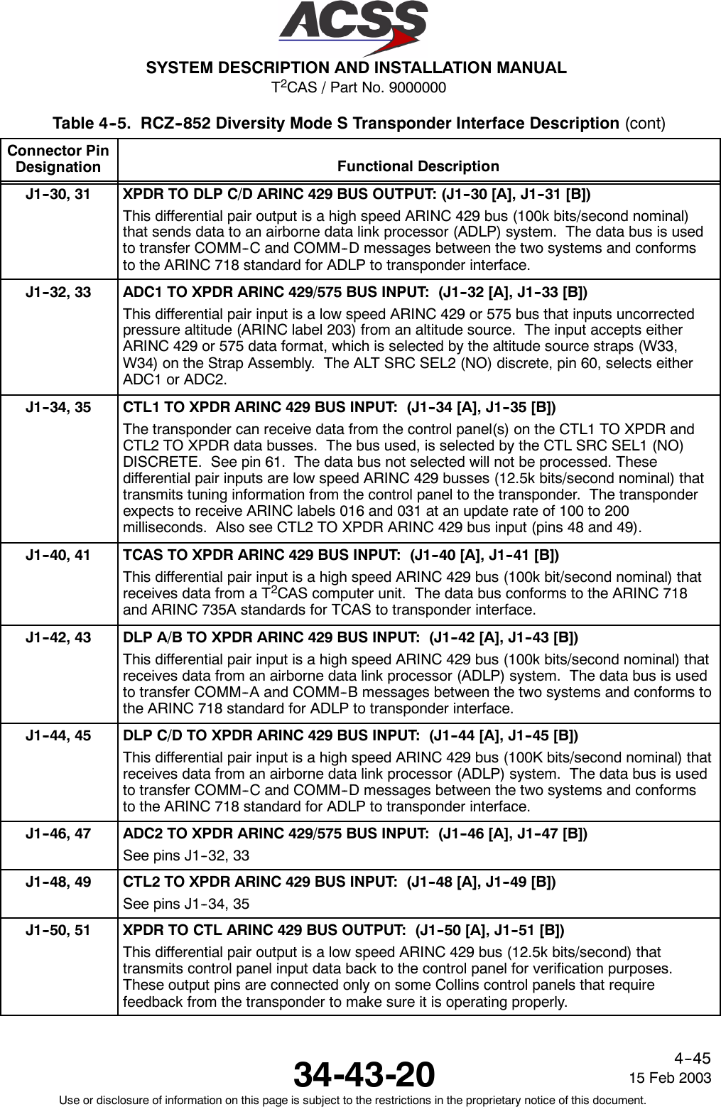 T2CAS / Part No. 9000000SYSTEM DESCRIPTION AND INSTALLATION MANUAL34-43-20 15 Feb 2003Use or disclosure of information on this page is subject to the restrictions in the proprietary notice of this document.4--45Table 4--5. RCZ--852 Diversity Mode S Transponder Interface Description (cont)Connector PinDesignation Functional DescriptionJ1--30, 31 XPDR TO DLP C/D ARINC 429 BUS OUTPUT: (J1--30 [A], J1--31 [B])This differential pair output is a high speed ARINC 429 bus (100k bits/second nominal)that sends data to an airborne data link processor (ADLP) system. The data bus is usedto transfer COMM--C and COMM--D messages between the two systems and conformsto the ARINC 718 standard for ADLP to transponder interface.J1--32, 33 ADC1 TO XPDR ARINC 429/575 BUS INPUT: (J1--32 [A], J1--33 [B])This differential pair input is a low speed ARINC 429 or 575 bus that inputs uncorrectedpressure altitude (ARINC label 203) from an altitude source. The input accepts eitherARINC 429 or 575 data format, which is selected by the altitude source straps (W33,W34) on the Strap Assembly. The ALT SRC SEL2 (NO) discrete, pin 60, selects eitherADC1 or ADC2.J1--34, 35 CTL1 TO XPDR ARINC 429 BUS INPUT: (J1--34 [A], J1--35 [B])The transponder can receive data from the control panel(s) on the CTL1 TO XPDR andCTL2 TO XPDR data busses. The bus used, is selected by the CTL SRC SEL1 (NO)DISCRETE. See pin 61. The data bus not selected will not be processed. Thesedifferential pair inputs are low speed ARINC 429 busses (12.5k bits/second nominal) thattransmits tuning information from the control panel to the transponder. The transponderexpects to receive ARINC labels 016 and 031 at an update rate of 100 to 200milliseconds. Also see CTL2 TO XPDR ARINC 429 bus input (pins 48 and 49).J1--40, 41 TCAS TO XPDR ARINC 429 BUS INPUT: (J1--40 [A], J1--41 [B])This differential pair input is a high speed ARINC 429 bus (100k bit/second nominal) thatreceives data from a T2CAS computer unit. The data bus conforms to the ARINC 718and ARINC 735A standards for TCAS to transponder interface.J1--42, 43 DLP A/B TO XPDR ARINC 429 BUS INPUT: (J1--42 [A], J1--43 [B])This differential pair input is a high speed ARINC 429 bus (100k bits/second nominal) thatreceives data from an airborne data link processor (ADLP) system. The data bus is usedto transfer COMM--A and COMM--B messages between the two systems and conforms tothe ARINC 718 standard for ADLP to transponder interface.J1--44, 45 DLP C/D TO XPDR ARINC 429 BUS INPUT: (J1--44 [A], J1--45 [B])This differential pair input is a high speed ARINC 429 bus (100K bits/second nominal) thatreceives data from an airborne data link processor (ADLP) system. The data bus is usedto transfer COMM--C and COMM--D messages between the two systems and conformsto the ARINC 718 standard for ADLP to transponder interface.J1--46, 47 ADC2 TO XPDR ARINC 429/575 BUS INPUT: (J1--46 [A], J1--47 [B])See pins J1--32, 33J1--48, 49 CTL2 TO XPDR ARINC 429 BUS INPUT: (J1--48 [A], J1--49 [B])See pins J1--34, 35J1--50, 51 XPDR TO CTL ARINC 429 BUS OUTPUT: (J1--50 [A], J1--51 [B])This differential pair output is a low speed ARINC 429 bus (12.5k bits/second) thattransmits control panel input data back to the control panel for verification purposes.These output pins are connected only on some Collins control panels that requirefeedback from the transponder to make sure it is operating properly.