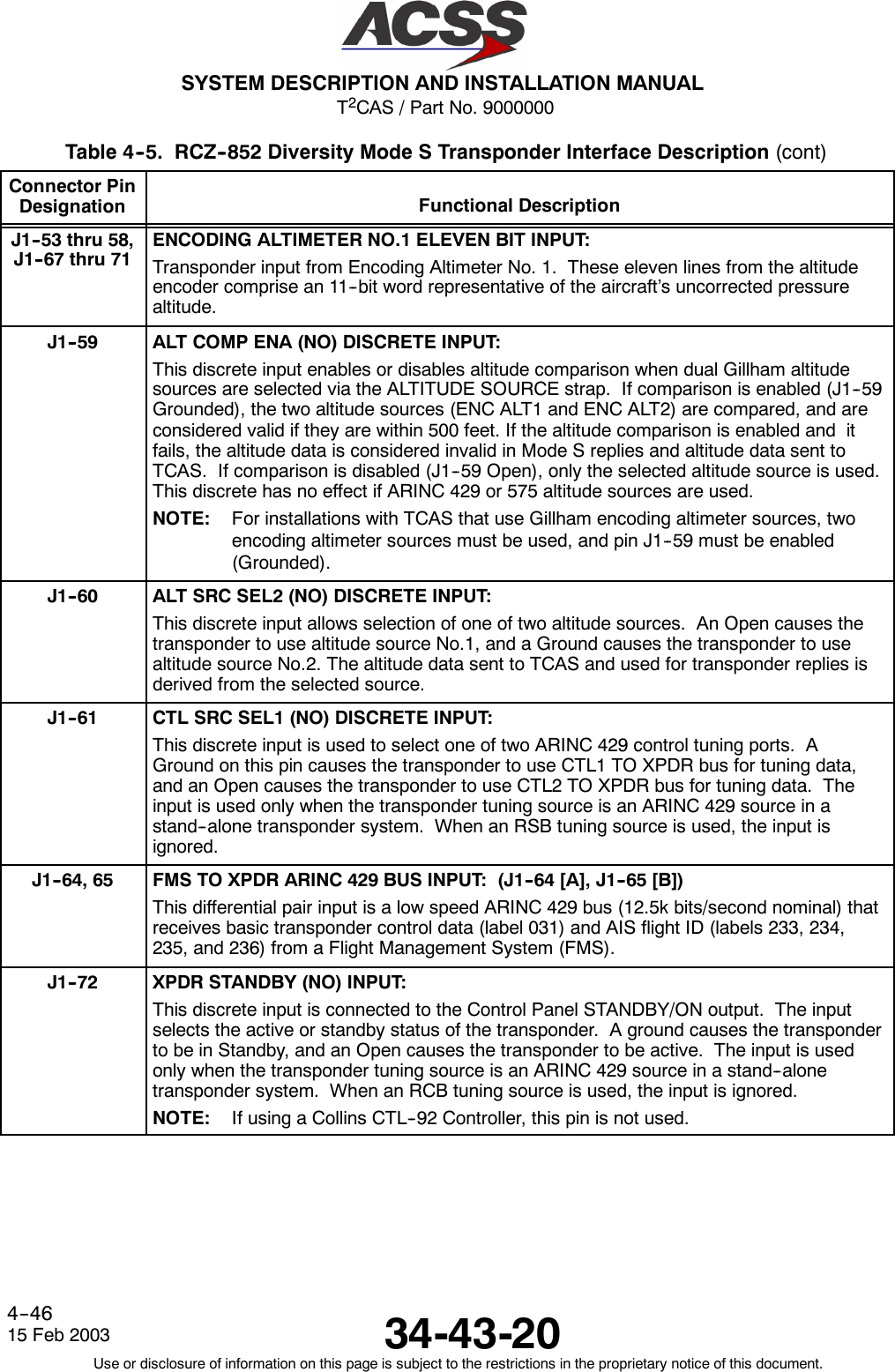 T2CAS / Part No. 9000000SYSTEM DESCRIPTION AND INSTALLATION MANUAL34-43-2015 Feb 2003Use or disclosure of information on this page is subject to the restrictions in the proprietary notice of this document.4--46Table 4--5. RCZ--852 Diversity Mode S Transponder Interface Description (cont)Connector PinDesignation Functional DescriptionJ1--53 thru 58,J1--67 thru 71ENCODING ALTIMETER NO.1 ELEVEN BIT INPUT:Transponder input from Encoding Altimeter No. 1. These eleven lines from the altitudeencoder comprise an 11--bit word representative of the aircraft’s uncorrected pressurealtitude.J1--59 ALT COMP ENA (NO) DISCRETE INPUT:This discrete input enables or disables altitude comparison when dual Gillham altitudesources are selected via the ALTITUDE SOURCE strap. If comparison is enabled (J1--59Grounded), the two altitude sources (ENC ALT1 and ENC ALT2) are compared, and areconsidered valid if they are within 500 feet. If the altitude comparison is enabled and itfails, the altitude data is considered invalid in Mode S replies and altitude data sent toTCAS. If comparison is disabled (J1--59 Open), only the selected altitude source is used.This discrete has no effect if ARINC 429 or 575 altitude sources are used.NOTE: For installations with TCAS that use Gillham encoding altimeter sources, twoencoding altimeter sources must be used, and pin J1--59 must be enabled(Grounded).J1--60 ALT SRC SEL2 (NO) DISCRETE INPUT:This discrete input allows selection of one of two altitude sources. An Open causes thetransponder to use altitude source No.1, and a Ground causes the transponder to usealtitude source No.2. The altitude data sent to TCAS and used for transponder replies isderived from the selected source.J1--61 CTL SRC SEL1 (NO) DISCRETE INPUT:This discrete input is used to select one of two ARINC 429 control tuning ports. AGround on this pin causes the transponder to use CTL1 TO XPDR bus for tuning data,and an Open causes the transponder to use CTL2 TO XPDR bus for tuning data. Theinput is used only when the transponder tuning source is an ARINC 429 source in astand--alone transponder system. When an RSB tuning source is used, the input isignored.J1--64, 65 FMS TO XPDR ARINC 429 BUS INPUT: (J1--64 [A], J1--65 [B])This differential pair input is a low speed ARINC 429 bus (12.5k bits/second nominal) thatreceives basic transponder control data (label 031) and AIS flight ID (labels 233, 234,235, and 236) from a Flight Management System (FMS).J1--72 XPDR STANDBY (NO) INPUT:This discrete input is connected to the Control Panel STANDBY/ON output. The inputselects the active or standby status of the transponder. A ground causes the transponderto be in Standby, and an Open causes the transponder to be active. The input is usedonly when the transponder tuning source is an ARINC 429 source in a stand--alonetransponder system. When an RCB tuning source is used, the input is ignored.NOTE: If using a Collins CTL--92 Controller, this pin is not used.