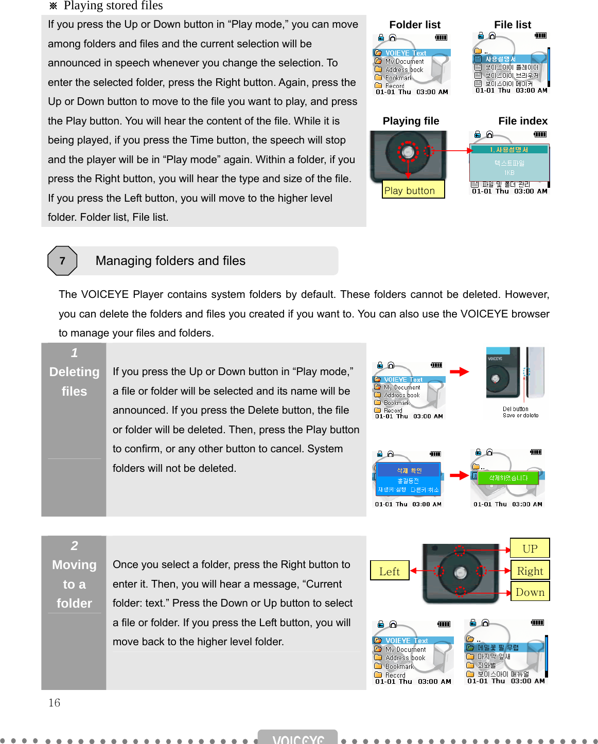   16     ※ Playing stored files If you press the Up or Down button in “Play mode,” you can move among folders and files and the current selection will be announced in speech whenever you change the selection. To enter the selected folder, press the Right button. Again, press the Up or Down button to move to the file you want to play, and press the Play button. You will hear the content of the file. While it is being played, if you press the Time button, the speech will stop and the player will be in “Play mode” again. Within a folder, if you press the Right button, you will hear the type and size of the file. If you press the Left button, you will move to the higher level folder. Folder list, File list. Folder list          File list     Playing file           File index          The VOICEYE Player contains system folders by default. These folders cannot be deleted. However, you can delete the folders and files you created if you want to. You can also use the VOICEYE browser to manage your files and folders. 1 Deleting files     If you press the Up or Down button in “Play mode,” a file or folder will be selected and its name will be announced. If you press the Delete button, the file or folder will be deleted. Then, press the Play button to confirm, or any other button to cancel. System folders will not be deleted.                 2 Moving to a folder  Once you select a folder, press the Right button to enter it. Then, you will hear a message, “Current folder: text.” Press the Down or Up button to select a file or folder. If you press the Left button, you will move back to the higher level folder.    Managing folders and files 7 RightUP DownLeftPlay button 