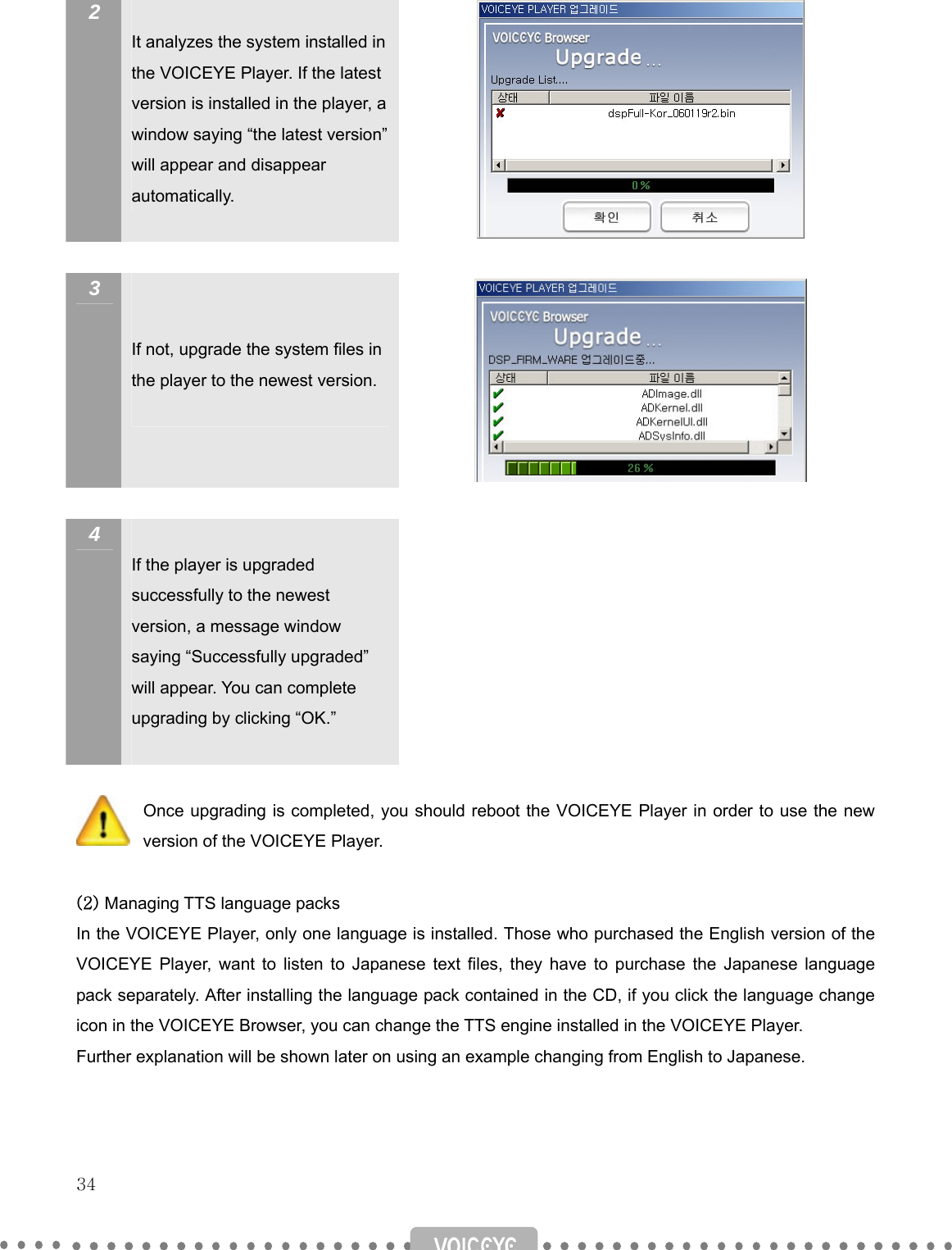   34   2   It analyzes the system installed in the VOICEYE Player. If the latest version is installed in the player, a window saying “the latest version” will appear and disappear automatically.   3    If not, upgrade the system files in the player to the newest version.    4   If the player is upgraded successfully to the newest version, a message window saying “Successfully upgraded” will appear. You can complete upgrading by clicking “OK.”      Once upgrading is completed, you should reboot the VOICEYE Player in order to use the new version of the VOICEYE Player.  (2) Managing TTS language packs In the VOICEYE Player, only one language is installed. Those who purchased the English version of the VOICEYE Player, want to listen to Japanese text files, they have to purchase the Japanese language pack separately. After installing the language pack contained in the CD, if you click the language change icon in the VOICEYE Browser, you can change the TTS engine installed in the VOICEYE Player. Further explanation will be shown later on using an example changing from English to Japanese.    