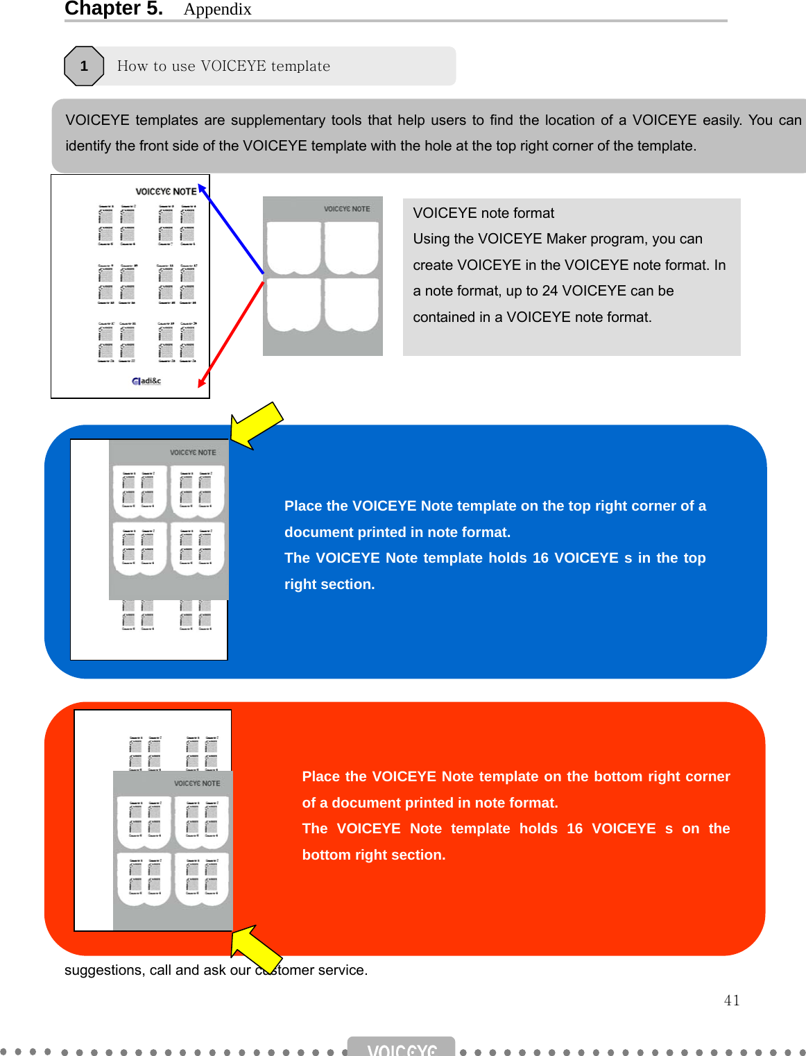   41 Chapter 5.    Appendix                                    Check the following first if the product is not working properly. If the problem remains after trying these suggestions, call and ask our customer service. Troubleshooting 2 VOICEYE templates are supplementary tools that help users to find the location of a VOICEYE easily. You can identify the front side of the VOICEYE template with the hole at the top right corner of the template. VOICEYE note format Using the VOICEYE Maker program, you can create VOICEYE in the VOICEYE note format. In a note format, up to 24 VOICEYE can be contained in a VOICEYE note format. Place the VOICEYE Note template on the top right corner of a document printed in note format. The VOICEYE Note template holds 16 VOICEYE s in the top right section. Place the VOICEYE Note template on the bottom right corner of a document printed in note format. The VOICEYE Note template holds 16 VOICEYE s on the bottom right section. How to use VOICEYE template 1 