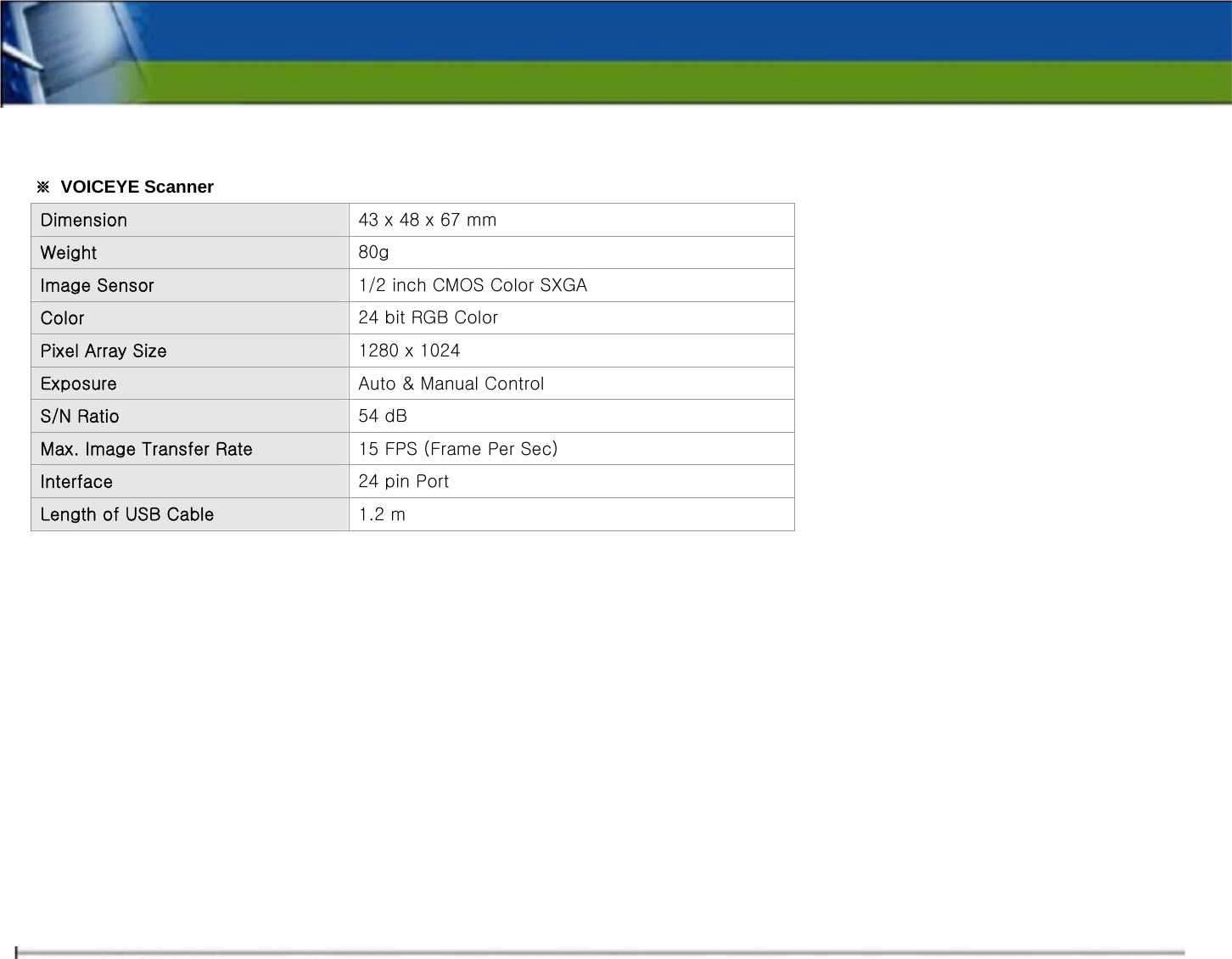     ※ VOICEYE ScannerDimension 43 x 48 x 67 mm Weight 80g Image Sensor 1/2 inch CMOS Color SXGA Color  24 bit RGB Color Pixel Array Size  1280 x 1024   Exposure  Auto &amp; Manual Control S/N Ratio  54 dB Max. Image Transfer Rate  15 FPS (Frame Per Sec) Interface  24 pin Port Length of USB Cable  1.2 m  