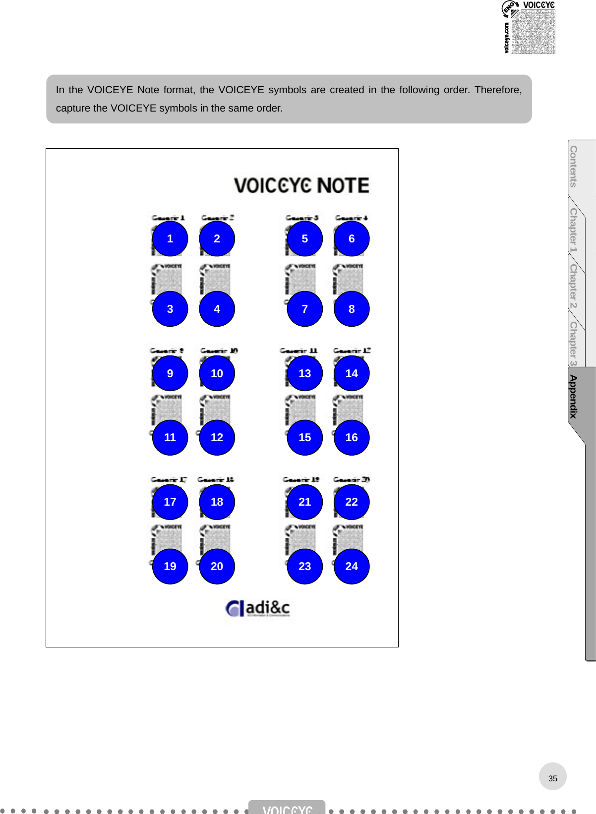                                       35In the VOICEYE Note format, the VOICEYE symbols are created in the following order. Therefore,capture the VOICEYE symbols in the same order. Contents Chapter 1 Chapter 2 Chapter 3 Appendix1  2 3  4 5 67 89  10 11 12 13 1415 1617 18 19 20 21 2223 24