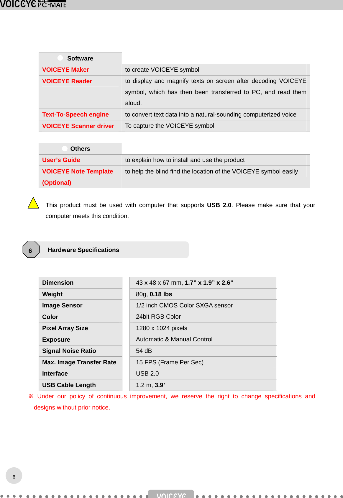  Software   VOICEYE Maker to create VOICEYE symbol VOICEYE Reader to display and magnify texts on screen after decoding VOICEYE symbol, which has then been transferred to PC, and read them aloud. Text-To-Speech engine  to convert text data into a natural-sounding computerized voice VOICEYE Scanner driver  To capture the VOICEYE symbol  Others   User’s Guide  to explain how to install and use the product VOICEYE Note Template (Optional) to help the blind find the location of the VOICEYE symbol easily  This product must be used with computer that supports USB 2.0. Please make sure that your computer meets this condition.      Dimension  43 x 48 x 67 mm, 1.7” x 1.9” x 2.6” Weight  80g, 0.18 lbs Image Sensor  1/2 inch CMOS Color SXGA sensor Color   24bit RGB Color Pixel Array Size   1280 x 1024 pixels Exposure   Automatic &amp; Manual Control Signal Noise Ratio   54 dB Max. Image Transfer Rate   15 FPS (Frame Per Sec) Interface   USB 2.0 USB Cable Length   1.2 m, 3.9’  ※Under our policy of continuous improvement, we reserve the right to change specifications and designs without prior notice.     Hardware Specifications   6 6