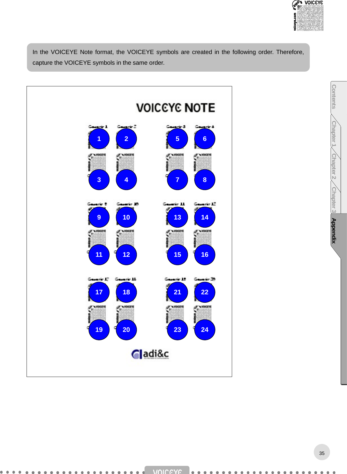                                       35In the VOICEYE Note format, the VOICEYE symbols are created in the following order. Therefore, capture the VOICEYE symbols in the same order. Contents Chapter 1 Chapter 2 Chapter 3 Appendix1  2 3  4 5 67 89  10 11 12 13 1415 1617 18 19 20 21 2223 24