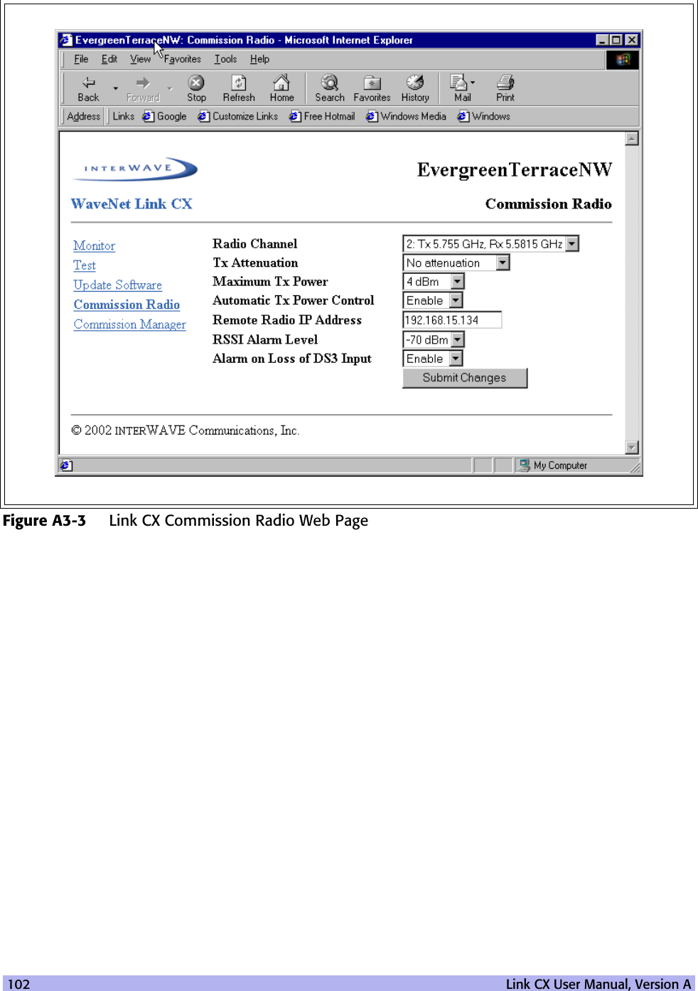 102   Link CX User Manual, Version AFigure A3-3 Link CX Commission Radio Web Page