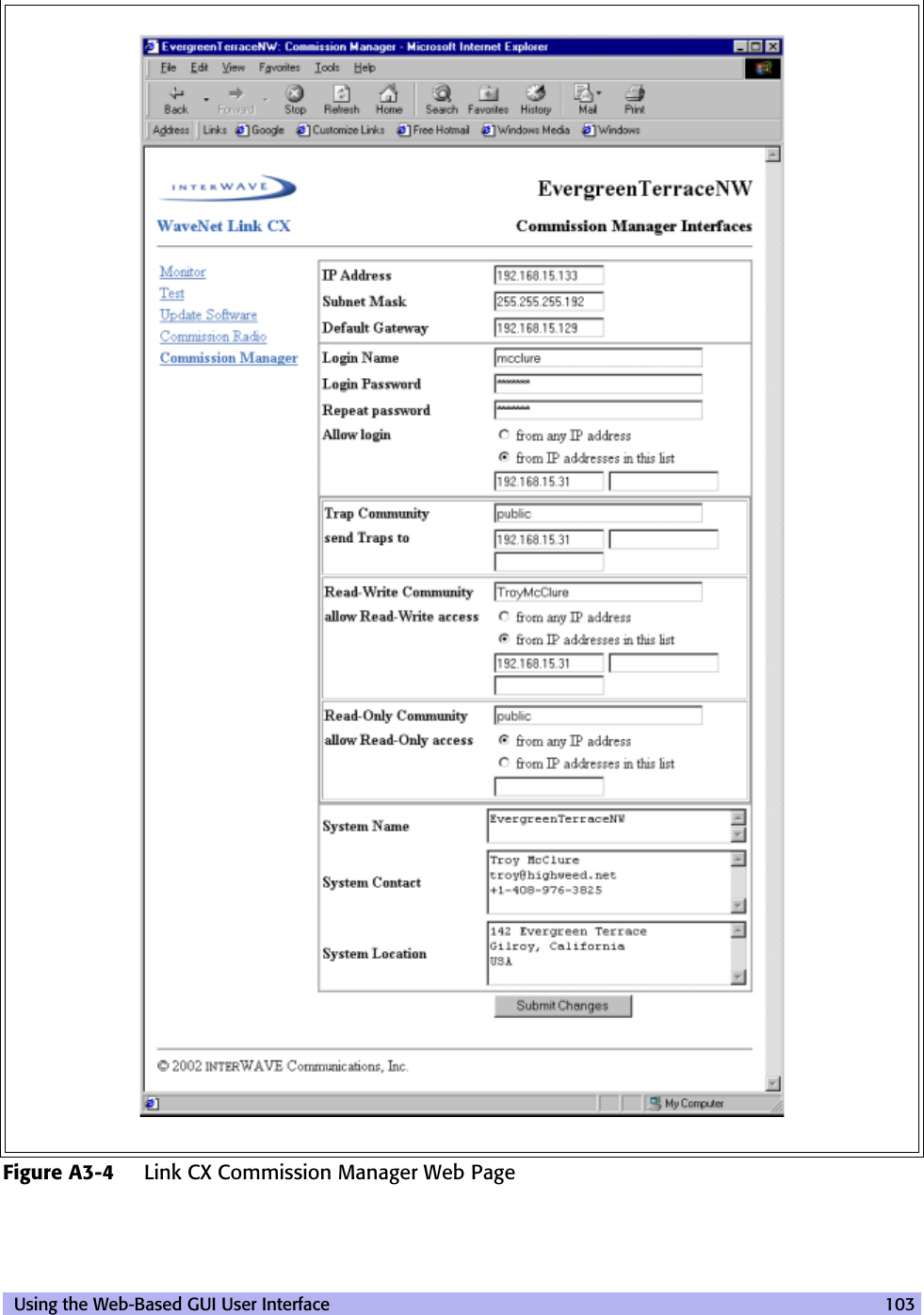  Using the Web-Based GUI User Interface 103Figure A3-4 Link CX Commission Manager Web Page
