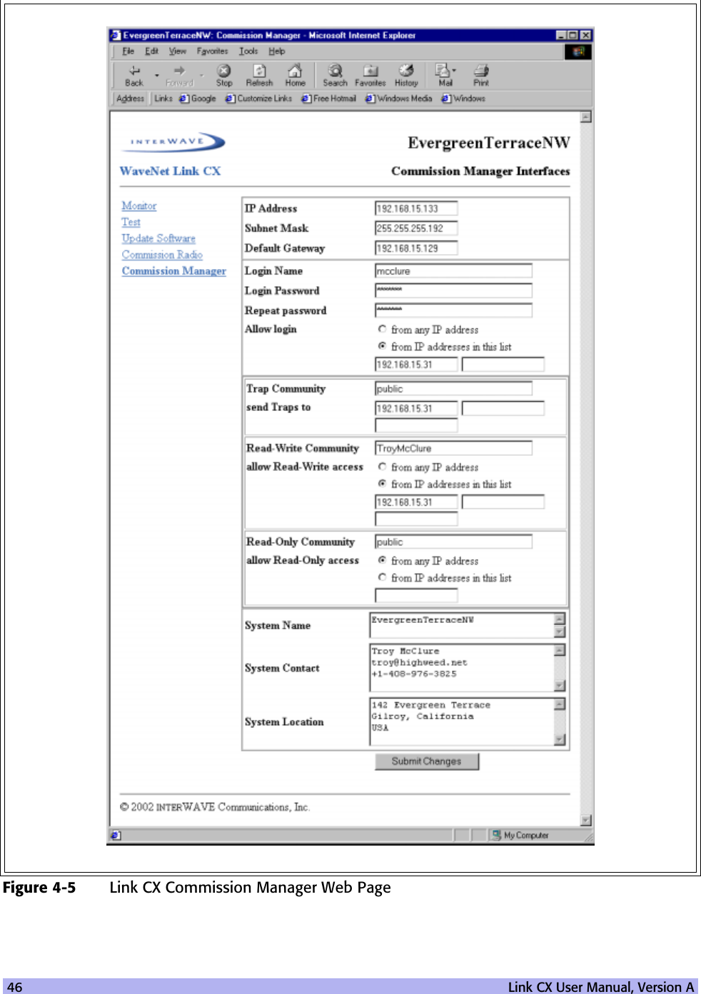 46   Link CX User Manual, Version AFigure 4-5 Link CX Commission Manager Web Page