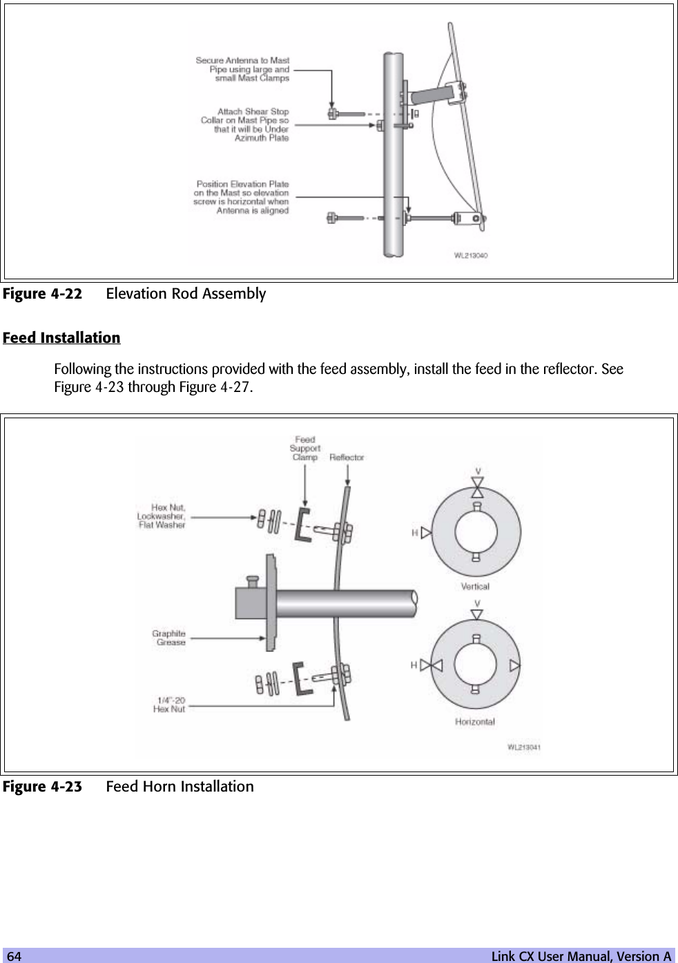 64   Link CX User Manual, Version AFeed InstallationFollowing the instructions provided with the feed assembly, install the feed in the reflector. See Figure 4-23 through Figure 4-27.Figure 4-22 Elevation Rod AssemblyFigure 4-23 Feed Horn Installation