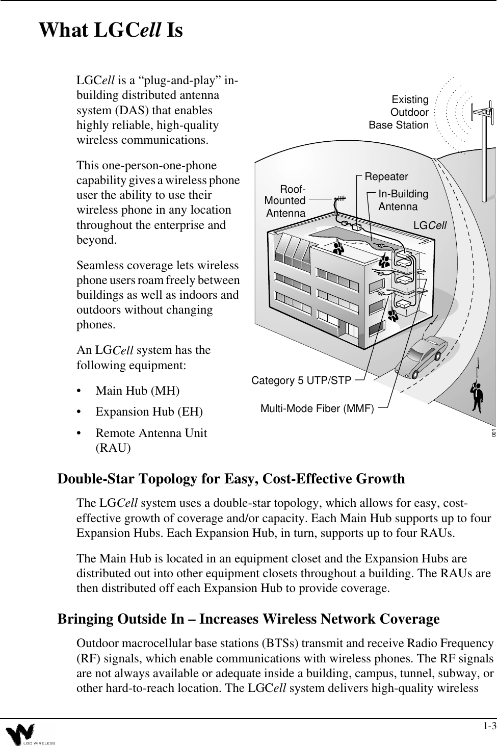 1-3What LGCell IsLGCell is a “plug-and-play” in-building distributed antenna system (DAS) that enables highly reliable, high-quality wireless communications.This one-person-one-phone capability gives a wireless phone user the ability to use their wireless phone in any location throughout the enterprise and beyond.Seamless coverage lets wireless phone users roam freely between buildings as well as indoors and outdoors without changing phones.An LGCell system has the following equipment:•Main Hub (MH)•Expansion Hub (EH)•Remote Antenna Unit (RAU)Double-Star Topology for Easy, Cost-Effective GrowthThe LGCell system uses a double-star topology, which allows for easy, cost-effective growth of coverage and/or capacity. Each Main Hub supports up to four Expansion Hubs. Each Expansion Hub, in turn, supports up to four RAUs.The Main Hub is located in an equipment closet and the Expansion Hubs are distributed out into other equipment closets throughout a building. The RAUs are then distributed off each Expansion Hub to provide coverage.Bringing Outside In – Increases Wireless Network CoverageOutdoor macrocellular base stations (BTSs) transmit and receive Radio Frequency (RF) signals, which enable communications with wireless phones. The RF signals are not always available or adequate inside a building, campus, tunnel, subway, or other hard-to-reach location. The LGCell system delivers high-quality wireless  Multi-Mode Fiber (MMF)Roof-001LGCellExistingOutdoorBase StationMountedAntennaCategory 5 UTP/STPIn-BuildingAntennaRepeater