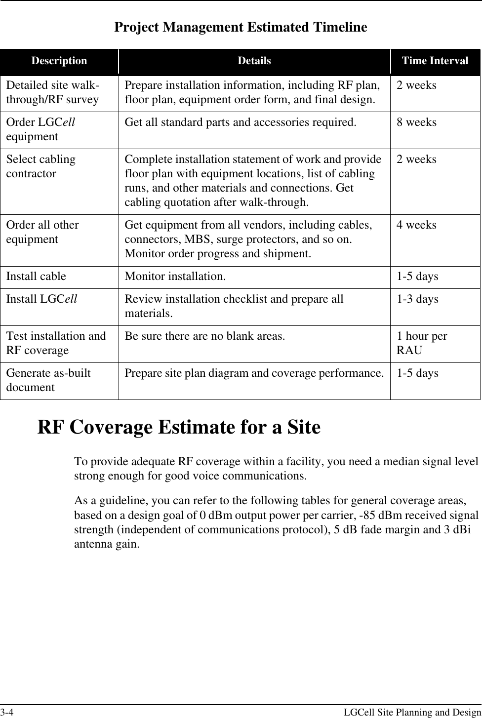 3-4 LGCell Site Planning and DesignProject Management Estimated TimelineRF Coverage Estimate for a SiteTo provide adequate RF coverage within a facility, you need a median signal level strong enough for good voice communications. As a guideline, you can refer to the following tables for general coverage areas, based on a design goal of 0 dBm output power per carrier, -85 dBm received signal strength (independent of communications protocol), 5 dB fade margin and 3 dBi antenna gain. Description Details Time IntervalDetailed site walk-through/RF survey Prepare installation information, including RF plan, floor plan, equipment order form, and final design. 2 weeksOrder LGCell equipment Get all standard parts and accessories required. 8 weeksSelect cabling contractor Complete installation statement of work and provide floor plan with equipment locations, list of cabling runs, and other materials and connections. Get cabling quotation after walk-through.2 weeksOrder all other equipment Get equipment from all vendors, including cables, connectors, MBS, surge protectors, and so on. Monitor order progress and shipment.4 weeksInstall cable Monitor installation. 1-5 daysInstall LGCell  Review installation checklist and prepare all materials. 1-3 daysTest installation and RF coverage Be sure there are no blank areas. 1 hour per RAUGenerate as-built document Prepare site plan diagram and coverage performance. 1-5 days