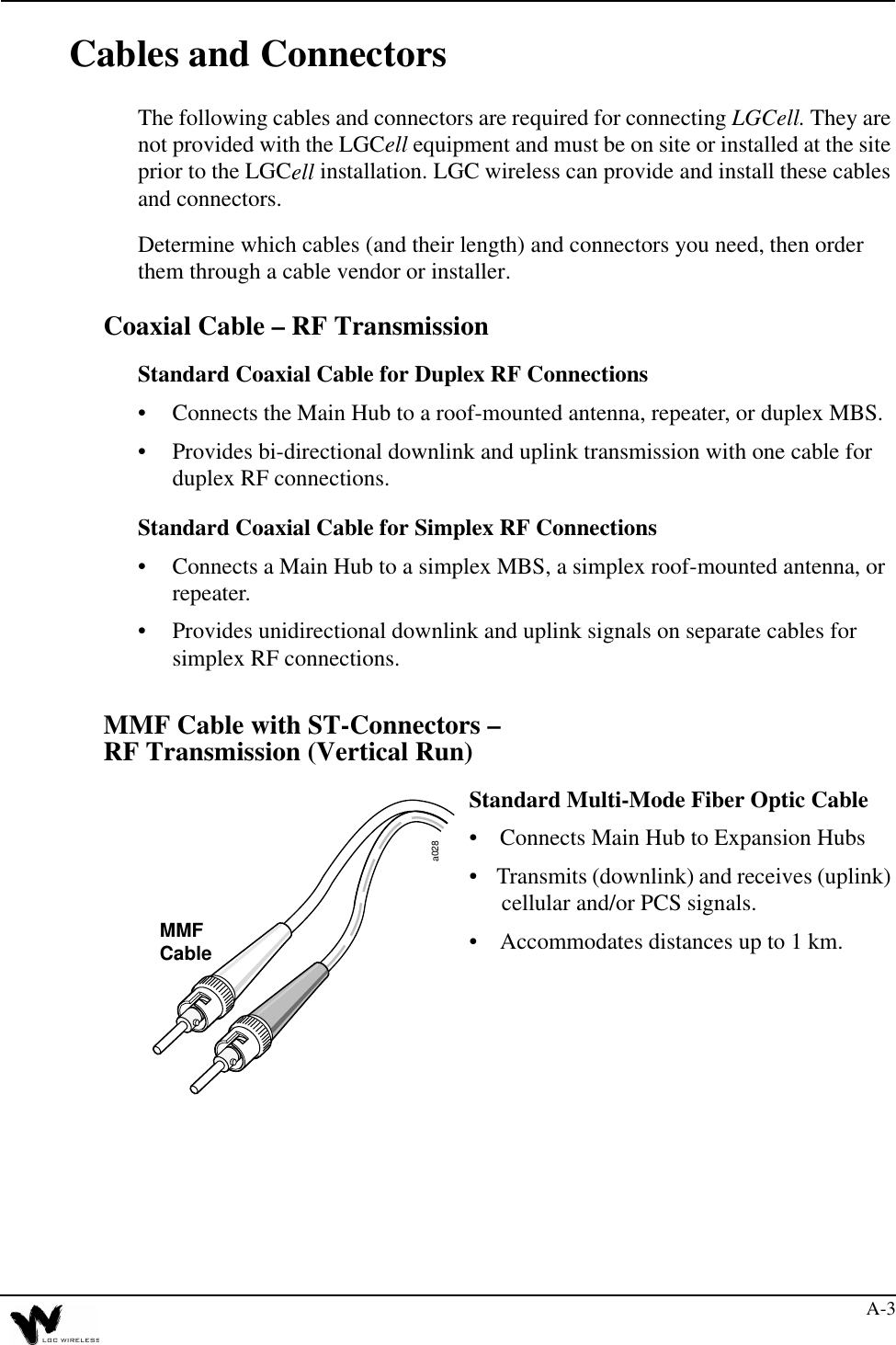 A-3Cables and ConnectorsThe following cables and connectors are required for connecting LGCell. They are not provided with the LGCell equipment and must be on site or installed at the site prior to the LGCell installation. LGC wireless can provide and install these cables and connectors. Determine which cables (and their length) and connectors you need, then order them through a cable vendor or installer.Coaxial Cable – RF TransmissionStandard Coaxial Cable for Duplex RF Connections•Connects the Main Hub to a roof-mounted antenna, repeater, or duplex MBS.•Provides bi-directional downlink and uplink transmission with one cable for duplex RF connections.Standard Coaxial Cable for Simplex RF Connections•Connects a Main Hub to a simplex MBS, a simplex roof-mounted antenna, or repeater.•Provides unidirectional downlink and uplink signals on separate cables for simplex RF connections.MMF Cable with ST-Connectors –RF Transmission (Vertical Run)Standard Multi-Mode Fiber Optic Cable •    Connects Main Hub to Expansion Hubs•    Transmits (downlink) and receives (uplink) cellular and/or PCS signals.•    Accommodates distances up to 1 km.a028MMFCable