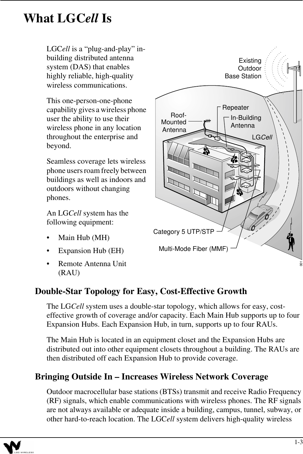 1-3What LGCell IsLGCell is a “plug-and-play” in-building distributed antenna system (DAS) that enables highly reliable, high-quality wireless communications.This one-person-one-phone capability gives a wireless phone user the ability to use their wireless phone in any location throughout the enterprise and beyond.Seamless coverage lets wireless phone users roam freely between buildings as well as indoors and outdoors without changing phones.An LGCell system has the following equipment:• Main Hub (MH)• Expansion Hub (EH)• Remote Antenna Unit (RAU)Double-Star Topology for Easy, Cost-Effective GrowthThe LGCell system uses a double-star topology, which allows for easy, cost-effective growth of coverage and/or capacity. Each Main Hub supports up to four Expansion Hubs. Each Expansion Hub, in turn, supports up to four RAUs.The Main Hub is located in an equipment closet and the Expansion Hubs are distributed out into other equipment closets throughout a building. The RAUs are then distributed off each Expansion Hub to provide coverage.Bringing Outside In – Increases Wireless Network CoverageOutdoor macrocellular base stations (BTSs) transmit and receive Radio Frequency (RF) signals, which enable communications with wireless phones. The RF signals are not always available or adequate inside a building, campus, tunnel, subway, or other hard-to-reach location. The LGCell system delivers high-quality wireless  Multi-Mode Fiber (MMF)Roof-001LGCellExistingOutdoorBase StationMountedAntennaCategory 5 UTP/STPIn-BuildingAntennaRepeater