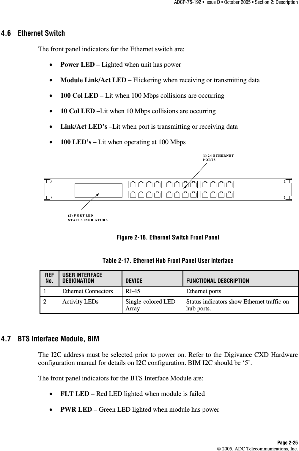 ADCP-75-192 • Issue D • October 2005 • Section 2: Description Page 2-25  2005, ADC Telecommunications, Inc. 4.6  Ethernet Switch  The front panel indicators for the Ethernet switch are: •  Power LED – Lighted when unit has power •  Module Link/Act LED – Flickering when receiving or transmitting data •  100 Col LED – Lit when 100 Mbps collisions are occurring •  10 Col LED –Lit when 10 Mbps collisions are occurring •  Link/Act LED’s –Lit when port is transmitting or receiving data •  100 LED’s – Lit when operating at 100 Mbps (2) P ORT LED STATUS INDICATORS(1) 24 ETHERNET PORTS Figure 2-18. Ethernet Switch Front Panel Table 2-17. Ethernet Hub Front Panel User Interface REFNo. USER INTERFACE DESIGNATION  DEVICE  FUNCTIONAL DESCRIPTION 1  Ethernet Connectors  RJ-45  Ethernet ports 2 Activity LEDs  Single-colored LED Array  Status indicators show Ethernet traffic on hub ports.  4.7  BTS Interface Module, BIM  The I2C address must be selected prior to power on. Refer to the Digivance CXD Hardware configuration manual for details on I2C configuration. BIM I2C should be ‘5’. The front panel indicators for the BTS Interface Module are: •  FLT LED – Red LED lighted when module is failed •  PWR LED – Green LED lighted when module has power 