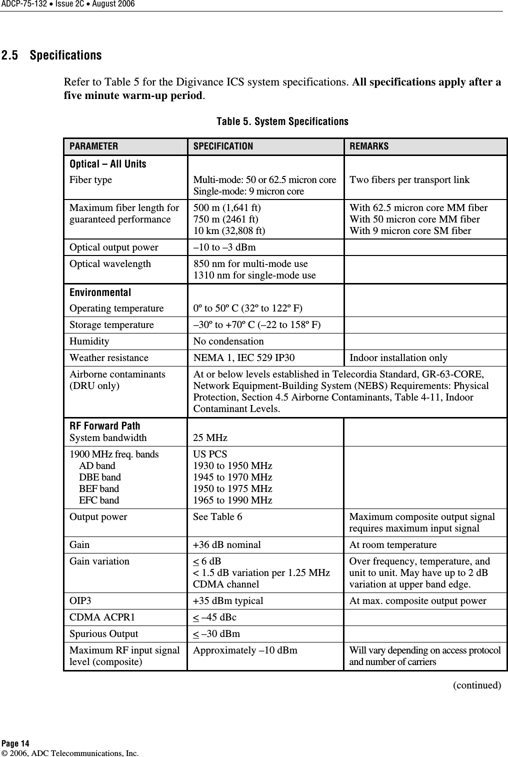 ADCP-75-132 • Issue 2C • August 2006 Page 14 © 2006, ADC Telecommunications, Inc. 2.5 Specifications Refer to Table 5 for the Digivance ICS system specifications. All specifications apply after a five minute warm-up period.  Table 5. System Specifications PARAMETER  SPECIFICATION  REMARKS Optical – All Units Fiber type  Multi-mode: 50 or 62.5 micron coreSingle-mode: 9 micron core  Two fibers per transport link Maximum fiber length for guaranteed performance 500 m (1,641 ft) 750 m (2461 ft) 10 km (32,808 ft) With 62.5 micron core MM fiber With 50 micron core MM fiber With 9 micron core SM fiber Optical output power  –10 to –3 dBm   Optical wavelength  850 nm for multi-mode use 1310 nm for single-mode use  Environmental Operating temperature  0º to 50º C (32º to 122º F)  Storage temperature  –30º to +70º C (–22 to 158º F)   Humidity No condensation   Weather resistance  NEMA 1, IEC 529 IP30  Indoor installation only Airborne contaminants (DRU only) At or below levels established in Telecordia Standard, GR-63-CORE, Network Equipment-Building System (NEBS) Requirements: Physical Protection, Section 4.5 Airborne Contaminants, Table 4-11, Indoor Contaminant Levels.  RF Forward Path System bandwidth  25 MHz  1900 MHz freq. bands     AD band     DBE band     BEF band     EFC band US PCS 1930 to 1950 MHz 1945 to 1970 MHz 1950 to 1975 MHz 1965 to 1990 MHz  Output power  See Table 6  Maximum composite output signal requires maximum input signal  Gain  +36 dB nominal  At room temperature Gain variation  &lt; 6 dB &lt; 1.5 dB variation per 1.25 MHz CDMA channel Over frequency, temperature, and unit to unit. May have up to 2 dB variation at upper band edge.  OIP3  +35 dBm typical  At max. composite output power CDMA ACPR1  &lt; –45 dBc   Spurious Output  &lt; –30 dBm   Maximum RF input signal level (composite) Approximately –10 dBm  Will vary depending on access protocol and number of carriers (continued) 