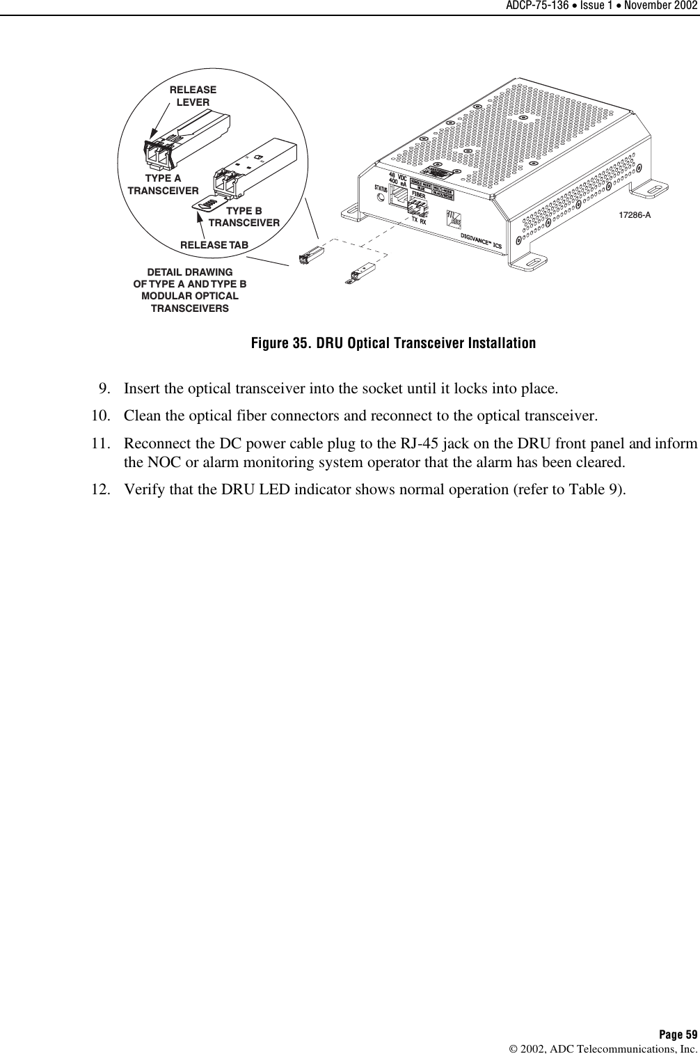 ADCP-75-136 • Issue 1 • November 2002 Page 59 ©2002, ADC Telecommunications, Inc.TXRXDETAIL DRAWINGOF TYPE A AND TYPE BMODULAR OPTICALTRANSCEIVERSTX RXTYPE ATRANSCEIVERTYPE BTRANSCEIVERRELEASELEVERRELEASE TAB17286-AFigure 35. DRU Optical Transceiver Installation 9. Insert the optical transceiver into the socket until it locks into place.10. Clean the optical fiber connectors and reconnect to the optical transceiver.11. Reconnect the DC power cable plug to the RJ-45 jack on the DRU front panel and informthe NOC or alarm monitoring system operator that the alarm has been cleared.12. Verify that the DRU LED indicator shows normal operation (refer to Table 9).