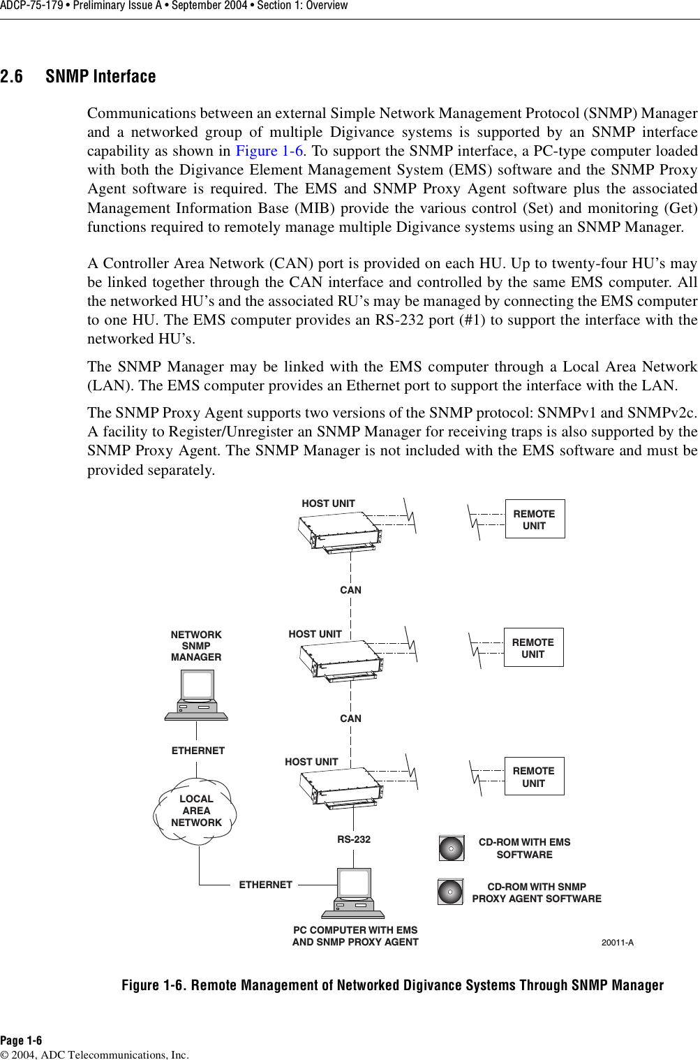 ADCP-75-179 • Preliminary Issue A • September 2004 • Section 1: OverviewPage 1-6© 2004, ADC Telecommunications, Inc.2.6 SNMP InterfaceCommunications between an external Simple Network Management Protocol (SNMP) Managerand a networked group of multiple Digivance systems is supported by an SNMP interfacecapability as shown in Figure 1-6. To support the SNMP interface, a PC-type computer loadedwith both the Digivance Element Management System (EMS) software and the SNMP ProxyAgent software is required. The EMS and SNMP Proxy Agent software plus the associatedManagement Information Base (MIB) provide the various control (Set) and monitoring (Get)functions required to remotely manage multiple Digivance systems using an SNMP Manager. A Controller Area Network (CAN) port is provided on each HU. Up to twenty-four HU’s maybe linked together through the CAN interface and controlled by the same EMS computer. Allthe networked HU’s and the associated RU’s may be managed by connecting the EMS computerto one HU. The EMS computer provides an RS-232 port (#1) to support the interface with thenetworked HU’s. The SNMP Manager may be linked with the EMS computer through a Local Area Network(LAN). The EMS computer provides an Ethernet port to support the interface with the LAN. The SNMP Proxy Agent supports two versions of the SNMP protocol: SNMPv1 and SNMPv2c.A facility to Register/Unregister an SNMP Manager for receiving traps is also supported by theSNMP Proxy Agent. The SNMP Manager is not included with the EMS software and must beprovided separately. Figure 1-6. Remote Management of Networked Digivance Systems Through SNMP ManagerPC COMPUTER WITH EMSAND SNMP PROXY AGENTHOST UNITHOST UNITHOST UNITRS-23220011-ACD-ROM WITH EMSSOFTWARECD-ROM WITH SNMPPROXY AGENT SOFTWARECANCANLOCALAREANETWORKETHERNETNETWORKSNMPMANAGERETHERNETREMOTEUNITREMOTEUNITREMOTEUNIT