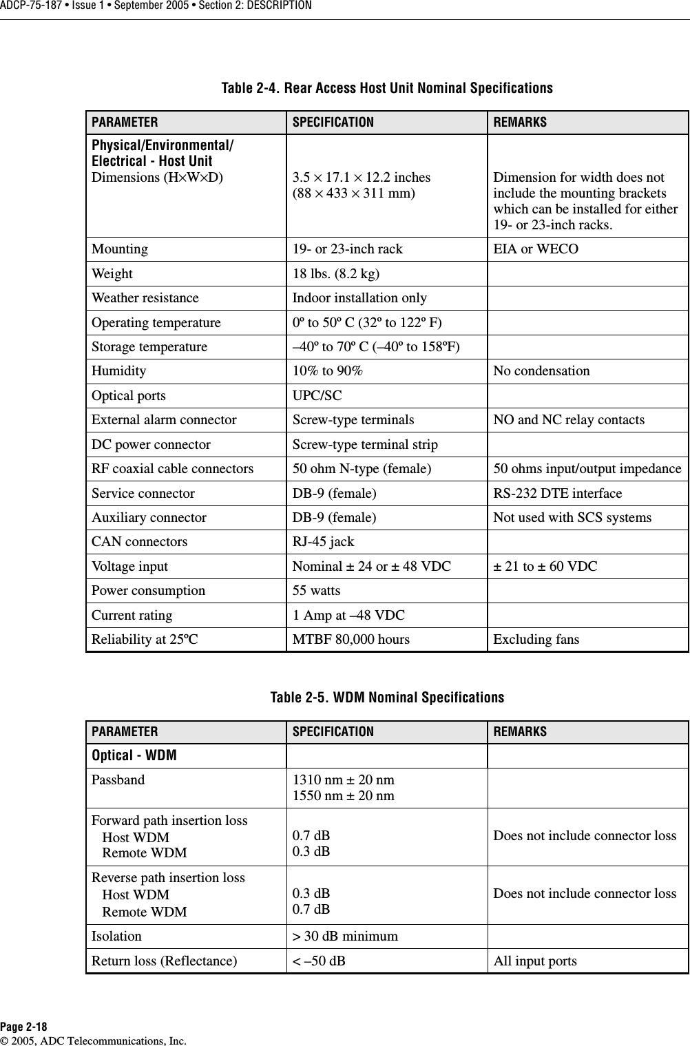 ADCP-75-187 • Issue 1 • September 2005 • Section 2: DESCRIPTIONPage 2-18© 2005, ADC Telecommunications, Inc.Table 2-4. Rear Access Host Unit Nominal SpecificationsPARAMETER SPECIFICATION REMARKSPhysical/Environmental/Electrical - Host UnitDimensions (H×W×D) 3.5 × 17.1 × 12.2 inches(88 × 433 × 311 mm)Dimension for width does not include the mounting brackets which can be installed for either 19- or 23-inch racks. Mounting 19- or 23-inch rack EIA or WECOWeight 18 lbs. (8.2 kg)Weather resistance Indoor installation onlyOperating temperature 0º to 50º C (32º to 122º F)Storage temperature –40º to 70º C (–40º to 158ºF)Humidity 10% to 90% No condensationOptical ports UPC/SCExternal alarm connector Screw-type terminals NO and NC relay contactsDC power connector Screw-type terminal stripRF coaxial cable connectors 50 ohm N-type (female) 50 ohms input/output impedanceService connector DB-9 (female) RS-232 DTE interfaceAuxiliary connector DB-9 (female) Not used with SCS systemsCAN connectors RJ-45 jackVoltage input Nominal ± 24 or ± 48 VDC ± 21 to ± 60 VDCPower consumption 55 wattsCurrent rating 1 Amp at –48 VDCReliability at 25ºC MTBF 80,000 hours Excluding fansTable 2-5. WDM Nominal SpecificationsPARAMETER SPECIFICATION REMARKSOptical - WDMPassband 1310 nm ± 20 nm1550 nm ± 20 nmForward path insertion loss   Host WDM   Remote WDM0.7 dB0.3 dBDoes not include connector lossReverse path insertion loss   Host WDM   Remote WDM0.3 dB0.7 dBDoes not include connector lossIsolation &gt; 30 dB minimumReturn loss (Reflectance) &lt; –50 dB All input ports