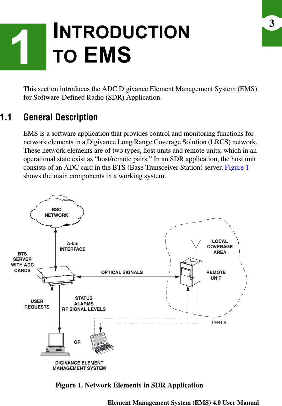 Element Management System (EMS) 4.0 User Manual3INTRODUCTION TO EMSThis section introduces the ADC Digivance Element Management System (EMS) for Software-Defined Radio (SDR) Application.1.1 General DescriptionEMS is a software application that provides control and monitoring functions for network elements in a Digivance Long Range Coverage Solution (LRCS) network. These network elements are of two types, host units and remote units, which in an operational state exist as “host/remote pairs.” In an SDR application, the host unit consists of an ADC card in the BTS (Base Transceiver Station) server. Figure 1 shows the main components in a working system.Figure 1. Network Elements in SDR ApplicationBTSSERVERWITH ADCCARDS REMOTEUNIT19441-AA-bisINTERFACEUSERREQUESTSSTATUSALARMSRF SIGNAL LEVELSOPTICAL SIGNALSLOCALCOVERAGEAREADIGIVANCE ELEMENTMANAGEMENT SYSTEMORBSCNETWORK