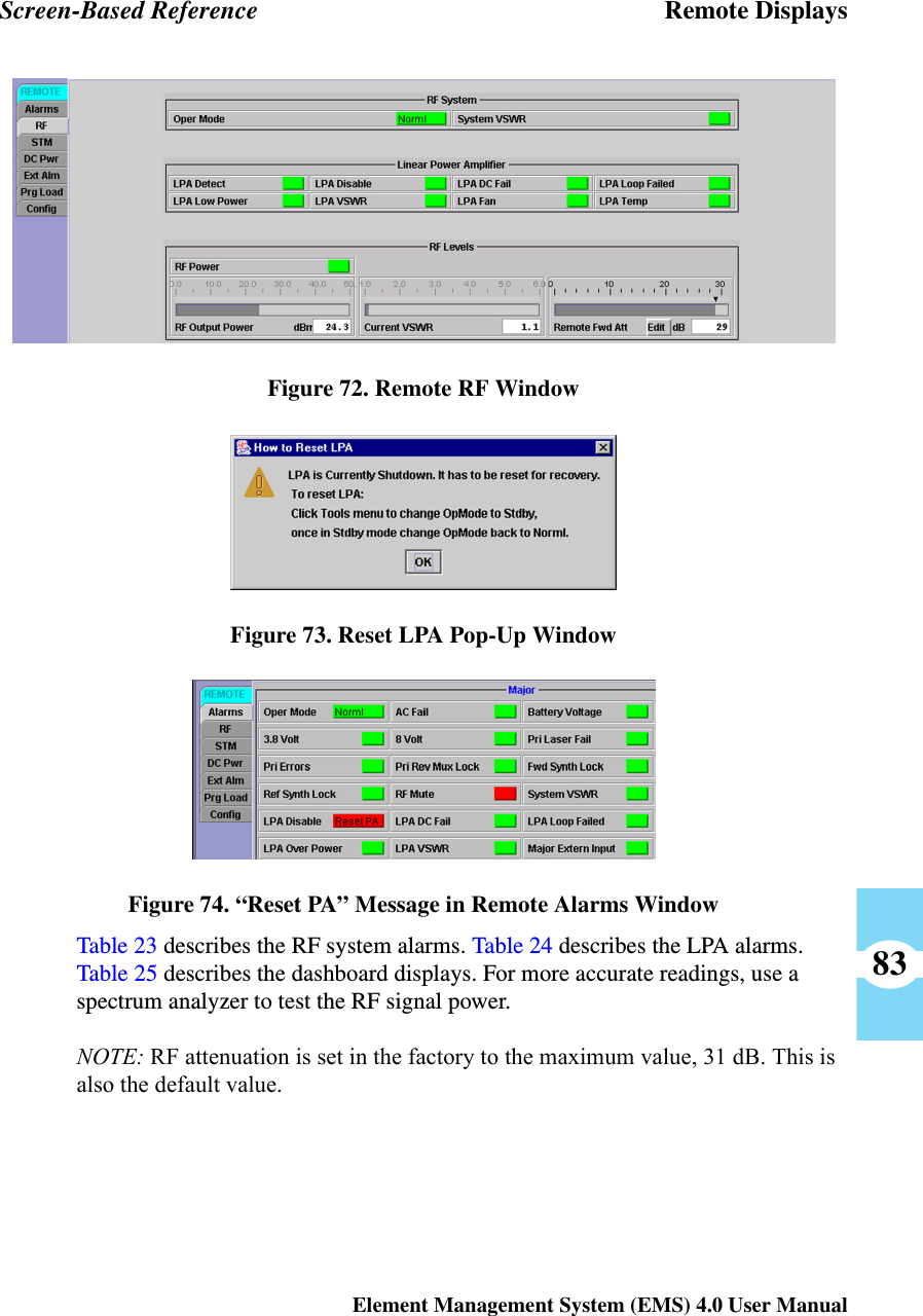 Screen-Based Reference Remote DisplaysElement Management System (EMS) 4.0 User Manual83Figure 72. Remote RF WindowFigure 73. Reset LPA Pop-Up WindowFigure 74. “Reset PA” Message in Remote Alarms WindowTable 23 describes the RF system alarms. Table 24 describes the LPA alarms. Table 25 describes the dashboard displays. For more accurate readings, use a spectrum analyzer to test the RF signal power.NOTE: RF attenuation is set in the factory to the maximum value, 31 dB. This is also the default value.          