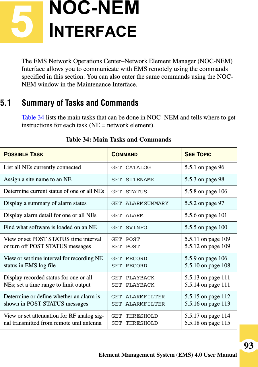 Element Management System (EMS) 4.0 User Manual93The EMS Network Operations Center–Network Element Manager (NOC-NEM) Interface allows you to communicate with EMS remotely using the commands specified in this section. You can also enter the same commands using the NOC-NEM window in the Maintenance Interface. 5.1 Summary of Tasks and CommandsTable 34 lists the main tasks that can be done in NOC–NEM and tells where to get instructions for each task (NE = network element).Table 34: Main Tasks and CommandsPOSSIBLE TASK COMMAND SEE TOPICList all NEs currently connected GET CATALOG 5.5.1 on page 96Assign a site name to an NE SET SITENAME 5.5.3 on page 98Determine current status of one or all NEs GET STATUS 5.5.8 on page 106Display a summary of alarm states GET ALARMSUMMARY 5.5.2 on page 97Display alarm detail for one or all NEs GET ALARM 5.5.6 on page 101Find what software is loaded on an NE GET SWINFO 5.5.5 on page 100View or set POST STATUS time interval or turn off POST STATUS messagesGET POSTSET POST5.5.11 on page 1095.5.12 on page 109View or set time interval for recording NE status in EMS log fileGET RECORDSET RECORD5.5.9 on page 1065.5.10 on page 108Display recorded status for one or all NEs; set a time range to limit outputGET PLAYBACKSET PLAYBACK5.5.13 on page 1115.5.14 on page 111Determine or define whether an alarm is shown in POST STATUS messagesGET ALARMFILTERSET ALARMFILTER5.5.15 on page 1125.5.16 on page 113View or set attenuation for RF analog sig-nal transmitted from remote unit antennaGET THRESHOLDSET THRESHOLD5.5.17 on page 1145.5.18 on page 115NOC-NEM INTERFACE