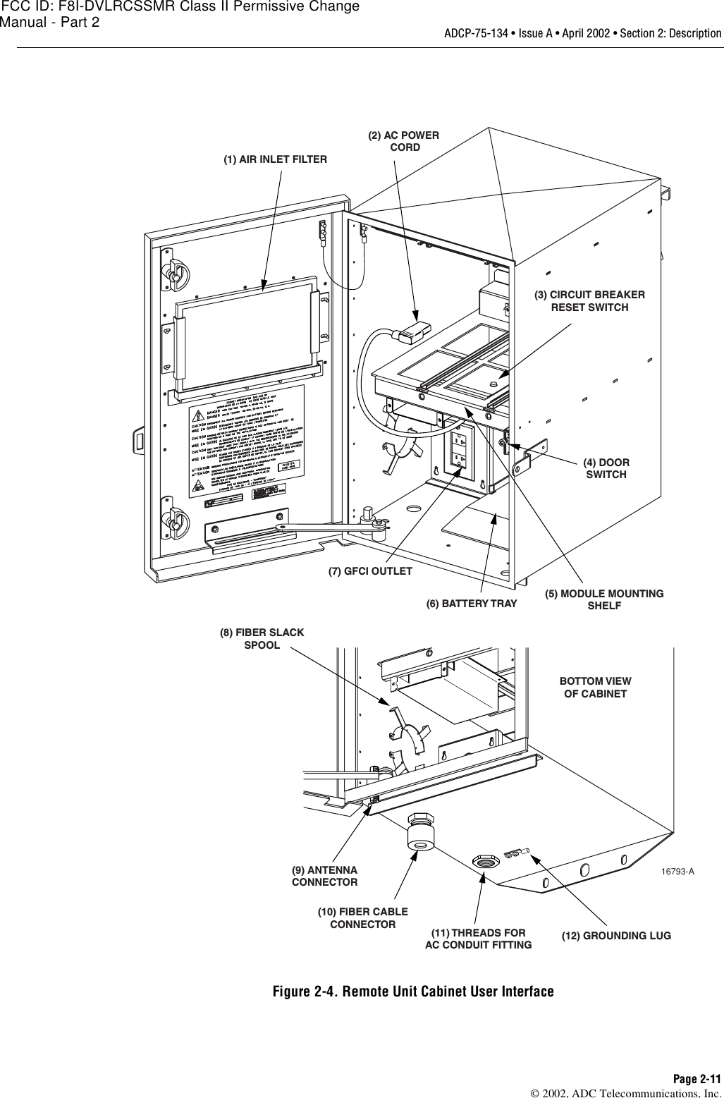 ADCP-75-134 • Issue A • April 2002 • Section 2: DescriptionPage 2-11©2002, ADC Telecommunications, Inc.Figure 2-4. Remote Unit Cabinet User InterfaceBOTTOM VIEWOF CABINET(7) GFCI OUTLET(4) DOORSWITCH(1) AIR INLET FILTER(2) AC POWER CORD(3) CIRCUIT BREAKERRESET SWITCH(5) MODULE MOUNTINGSHELF(6) BATTERY TRAY(8) FIBER SLACKSPOOL(9) ANTENNACONNECTOR(10) FIBER CABLECONNECTOR (11) THREADS FORAC CONDUIT FITTING (12) GROUNDING LUG16793-AFCC ID: F8I-DVLRCSSMR Class II Permissive ChangeManual - Part 2
