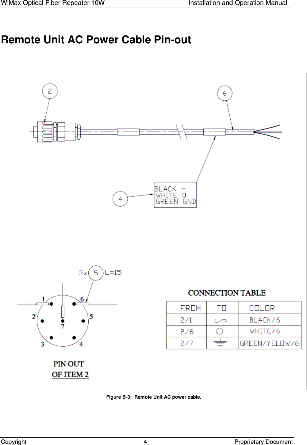 WiMax Optical Fiber Repeater 10W   Installation and Operation Manual Copyright    Proprietary Document  4   Remote Unit AC Power Cable Pin-out    Figure B-3:  Remote Unit AC power cable.