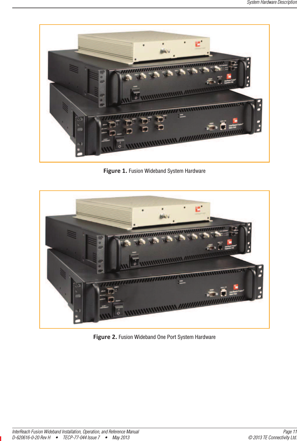 System Hardware DescriptionInterReach Fusion Wideband Installation, Operation, and Reference Manual Page 11D-620616-0-20 Rev H  •  TECP-77-044 Issue 7  •  May 2013 © 2013 TE Connectivity Ltd.Figure1.Fusion Wideband System HardwareFigure2.Fusion Wideband One Port System Hardware