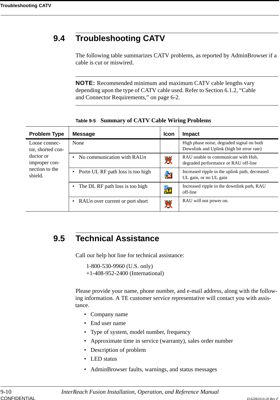 Troubleshooting CATV9-10 InterReach Fusion Installation, Operation, and Reference ManualCONFIDENTIAL D-620610-0-20 Rev F9.4 Troubleshooting CATVThe following table summarizes CATV problems, as reported by AdminBrowser if a cable is cut or miswired.NOTE: Recommended minimum and maximum CATV cable lengths vary depending upon the type of CATV cable used. Refer to Section 6.1.2, “Cable and Connector Requirements,” on page 6-2.9.5 Technical AssistanceCall our help hot line for technical assistance:1-800-530-9960 (U.S. only)+1-408-952-2400 (International)Please provide your name, phone number, and e-mail address, along with the follow-ing information. A TE customer service representative will contact you with assis-tance.• Company name• End user name• Type of system, model number, frequency• Approximate time in service (warranty), sales order number• Description of problem• LED status• AdminBrowser faults, warnings, and status messagesTable 9-5 Summary of CATV Cable Wiring ProblemsProblem Type Message Icon ImpactLoose connec-tor, shorted con-ductor or improper con-nection to the shield.None High phase noise, degraded signal on both Downlink and Uplink (high bit error rate)• No communication with RAUn  RAU unable to communicate with Hub, degraded performance or RAU off-line• Portn UL RF path loss is too high Increased ripple in the uplink path, decreased UL gain, or no UL gain• The DL RF path loss is too high Increased ripple in the downlink path, RAU off-line•RAUn over current or port short RAU will not power on.