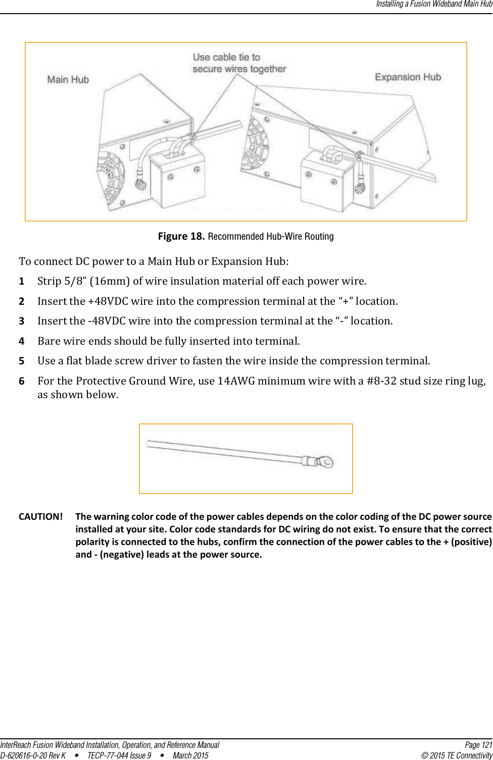 Installing a Fusion Wideband Main HubInterReach Fusion Wideband Installation, Operation, and Reference Manual Page 121D-620616-0-20 Rev K  •  TECP-77-044 Issue 9  •  March 2015 © 2015 TE ConnectivityFigure 18. Recommended Hub-Wire RoutingTo connect DC power to a Main Hub or Expansion Hub:1Strip 5/8” (16mm) of wire insulation material off each power wire.2Insert the +48VDC wire into the compression terminal at the “+” location.3Insert the -48VDC wire into the compression terminal at the “-” location.4Bare wire ends should be fully inserted into terminal.5Use a flat blade screw driver to fasten the wire inside the compression terminal.6For the Protective Ground Wire, use 14AWG minimum wire with a #8-32 stud size ring lug, as shown below.CAUTION! The warning color code of the power cables depends on the color coding of the DC power source installed at your site. Color code standards for DC wiring do not exist. To ensure that the correct polarity is connected to the hubs, confirm the connection of the power cables to the + (positive) and - (negative) leads at the power source.