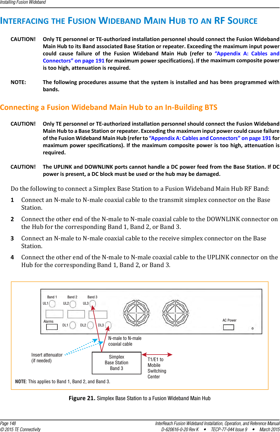 Installing Fusion Wideband  Page 148 InterReach Fusion Wideband Installation, Operation, and Reference Manual© 2015 TE Connectivity D-620616-0-20 Rev K  •  TECP-77-044 Issue 9  •  March 2015INTERFACING THE FUSION WIDEBAND MAIN HUB TO AN RF SOURCECAUTION! Only TE personnel or TE-authorized installation personnel should connect the Fusion Wideband Main Hub to its Band associated Base Station or repeater. Exceeding the maximum input power could cause failure of the Fusion Wideband Main Hub (refer to “Appendix A: Cables and Connectors” on page 191 for maximum power specifications). If the maximum composite power is too high, attenuation is required.NOTE: The following procedures assume that the system is installed and has been programmed with bands. Connecting a Fusion Wideband Main Hub to an In-Building BTSCAUTION! Only TE personnel or TE-authorized installation personnel should connect the Fusion Wideband Main Hub to a Base Station or repeater. Exceeding the maximum input power could cause failure of the Fusion Wideband Main Hub (refer to “Appendix A: Cables and Connectors” on page 191 for maximum power specifications). If the maximum composite power is too high, attenuation is required.CAUTION! The UPLINK and DOWNLINK ports cannot handle a DC power feed from the Base Station. If DC power is present, a DC block must be used or the hub may be damaged.Do the following to connect a Simplex Base Station to a Fusion Wideband Main Hub RF Band:1Connect an N-male to N-male coaxial cable to the transmit simplex connector on the Base Station.2Connect the other end of the N-male to N-male coaxial cable to the DOWNLINK connector on the Hub for the corresponding Band 1, Band 2, or Band 3.3Connect an N-male to N-male coaxial cable to the receive simplex connector on the Base Station.4Connect the other end of the N-male to N-male coaxial cable to the UPLINK connector on the Hub for the corresponding Band 1, Band 2, or Band 3.Figure 21. Simplex Base Station to a Fusion Wideband Main Hub SimplexBase StationBand 3Band 1 Band 2 Band 3UL1 UL2 UL3AlarmsDL1 DL2 DL3AC PowerN-male to N-malecoaxial cableT1/E1 toMobileSwitchingCenterInsert attenuator(if needed)NOTE: This applies to Band 1, Band 2, and Band 3.