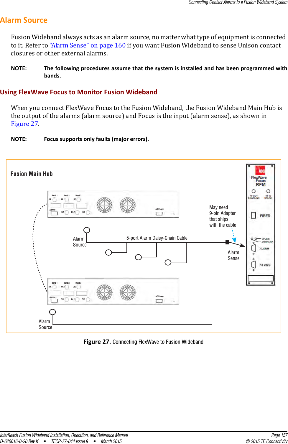 Connecting Contact Alarms to a Fusion Wideband SystemInterReach Fusion Wideband Installation, Operation, and Reference Manual Page 157D-620616-0-20 Rev K  •  TECP-77-044 Issue 9  •  March 2015 © 2015 TE ConnectivityAlarm SourceFusion Wideband always acts as an alarm source, no matter what type of equipment is connected to it. Refer to “Alarm Sense” on page 160 if you want Fusion Wideband to sense Unison contact closures or other external alarms.NOTE: The following procedures assume that the system is installed and has been programmed with bands. Using FlexWave Focus to Monitor Fusion WidebandWhen you connect FlexWave Focus to the Fusion Wideband, the Fusion Wideband Main Hub is the output of the alarms (alarm source) and Focus is the input (alarm sense), as shown in Figure 27. NOTE: Focus supports only faults (major errors).Figure 27. Connecting FlexWave to Fusion Wideband Band 1 Band 2 Band 3UL1 UL2 UL3AlarmsDL1 DL2 DL3AC PowerBand 1 Band 2 Band 3UL1 UL2 UL3AlarmsDL1 DL2 DL3AC PowerFusion Main HubMay need9-pin Adapterthat shipswith the cableAlarmSense5-port Alarm Daisy-Chain CableAlarmSourceAlarmSource