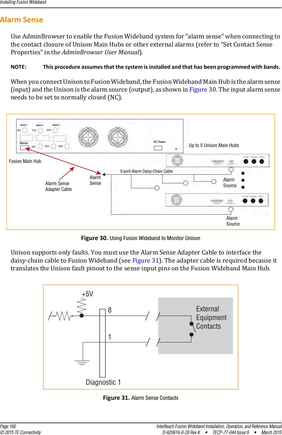 Installing Fusion Wideband  Page 160 InterReach Fusion Wideband Installation, Operation, and Reference Manual© 2015 TE Connectivity D-620616-0-20 Rev K  •  TECP-77-044 Issue 9  •  March 2015Alarm SenseUse AdminBrowser to enable the Fusion Wideband system for “alarm sense” when connecting to the contact closure of Unison Main Hubs or other external alarms (refer to “Set Contact Sense Properties” in the AdminBrowser User Manual).NOTE: This procedure assumes that the system is installed and that has been programmed with bands. When you connect Unison to Fusion Wideband, the Fusion Wideband Main Hub is the alarm sense (input) and the Unison is the alarm source (output), as shown in Figure 30. The input alarm sense needs to be set to normally closed (NC).Figure 30. Using Fusion Wideband to Monitor UnisonUnison supports only faults. You must use the Alarm Sense Adapter Cable to interface the daisy-chain cable to Fusion Wideband (see Figure 31). The adapter cable is required because it translates the Unison fault pinout to the sense input pins on the Fusion Wideband Main Hub.Figure 31. Alarm Sense Contacts5-port Alarm Daisy-Chain CableUp to 5 Unison Main HubsAlarmSourceAlarmSourceAlarmSenseFusion Main HubAlarm SenseAdapter Cable+5V81ExternalEquipmentContactsDiagnostic 1