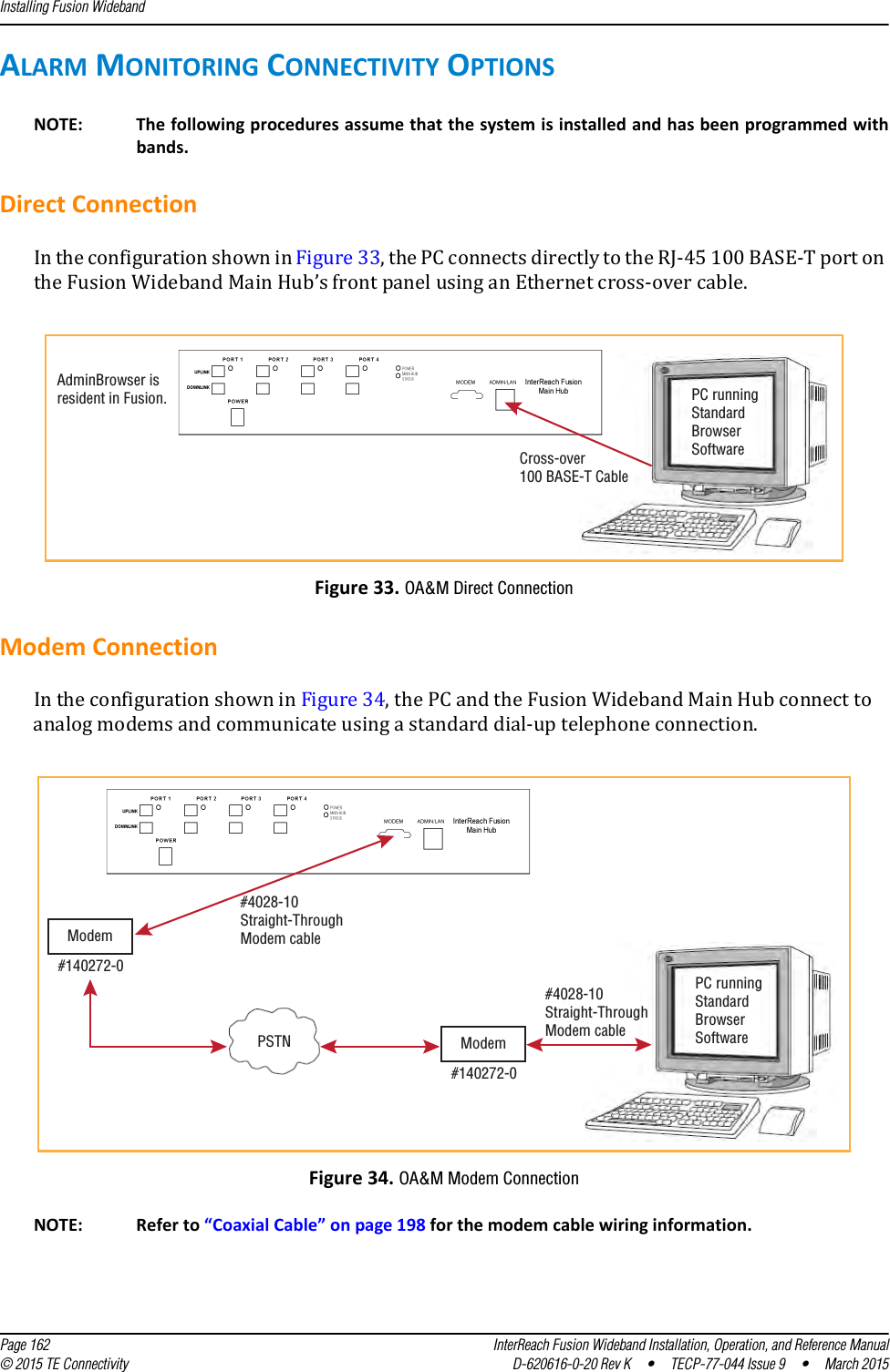 Installing Fusion Wideband  Page 162 InterReach Fusion Wideband Installation, Operation, and Reference Manual© 2015 TE Connectivity D-620616-0-20 Rev K  •  TECP-77-044 Issue 9  •  March 2015ALARM MONITORING CONNECTIVITY OPTIONSNOTE: The following procedures assume that the system is installed and has been programmed with bands. Direct ConnectionIn the configuration shown in Figure 33, the PC connects directly to the RJ-45 100 BASE-T port on the Fusion Wideband Main Hub’s front panel using an Ethernet cross-over cable.Figure 33. OA&amp;M Direct ConnectionModem ConnectionIn the configuration shown in Figure 34, the PC and the Fusion Wideband Main Hub connect to analog modems and communicate using a standard dial-up telephone connection.Figure 34. OA&amp;M Modem Connection NOTE: Refer to “Coaxial Cable” on page 198 for the modem cable wiring information.PC runningStandardBrowserSoftwareCross-over100 BASE-T CableAdminBrowser isresident in Fusion.PSTNPC runningStandardBrowserSoftwareModem#140272-0Modem#140272-0#4028-10Straight-ThroughModem cable#4028-10Straight-ThroughModem cable